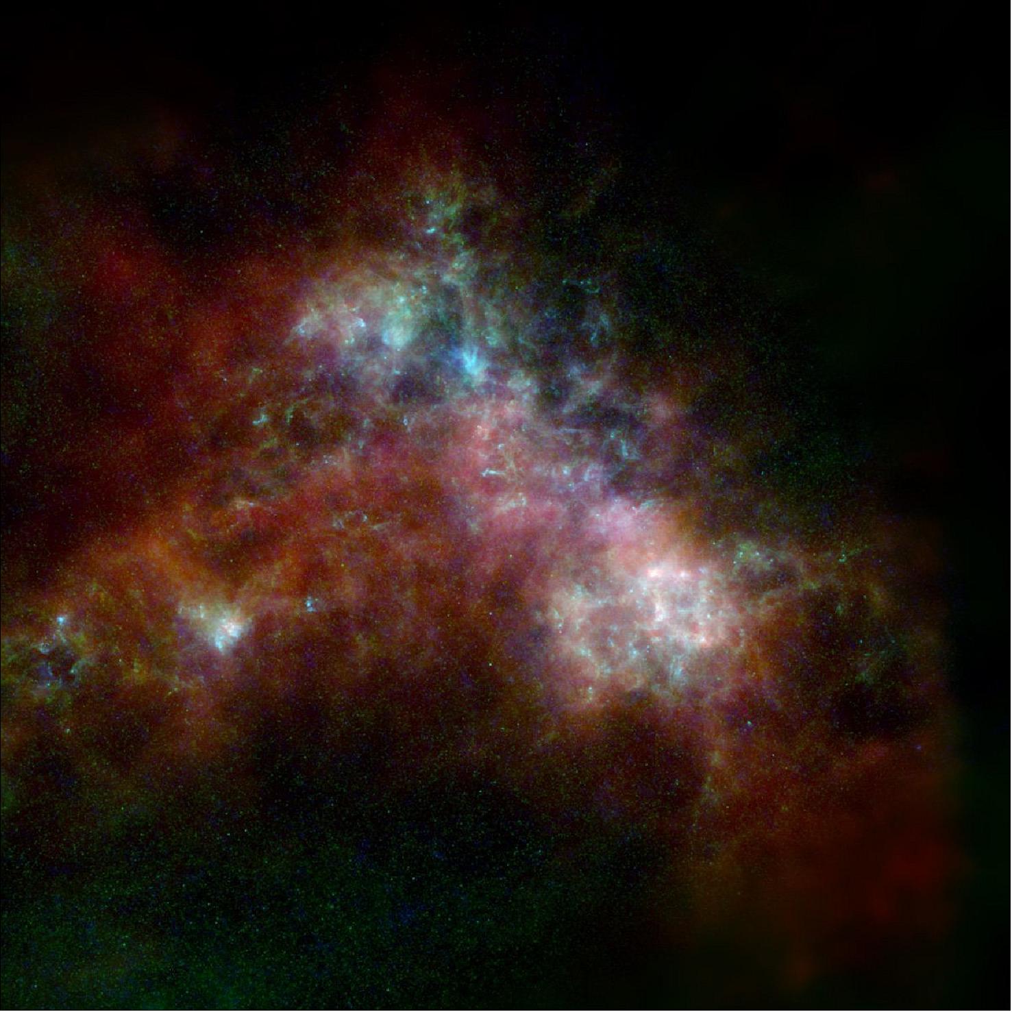 Figure 16: The Small Magellanic Cloud is a satellite of the Milky Way, containing about 3 billion stars. This far-infrared and radio view of it shows the cool (green) and warm (blue) dust, as well as the hydrogen gas (red) [image credit: ESA/NASA/JPL-Caltech/CSIRO/NANTEN2/C. Clark (STScI)]