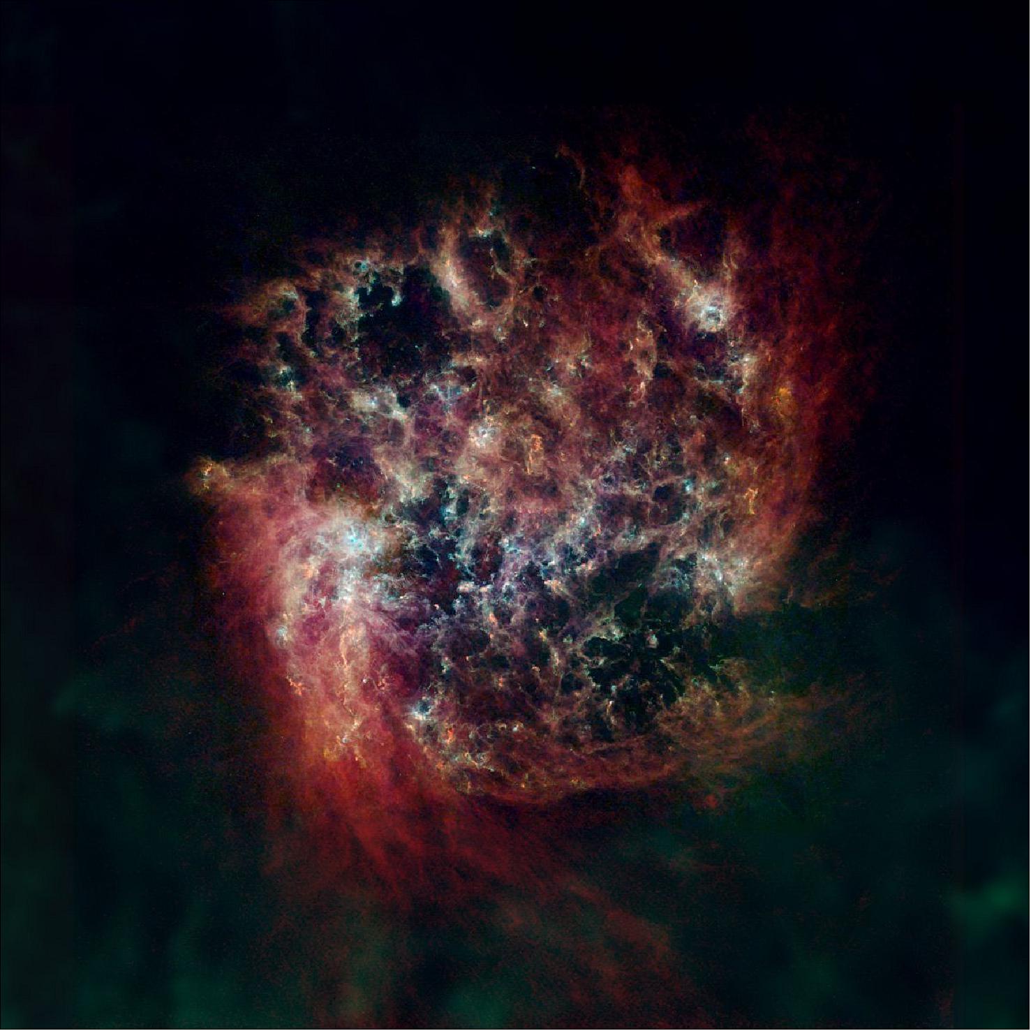Figure 14: The Large Magellanic Cloud (LMC) is a satellite of the Milky Way, containing about 30 billion stars. Seen here in a far-infrared and radio view, the LMC’s cool and warm dust are shown in green and blue, respectively, with hydrogen gas in red [image credit: ESA/NASA/JPL-Caltech/CSIRO/C. Clark (STScI)]