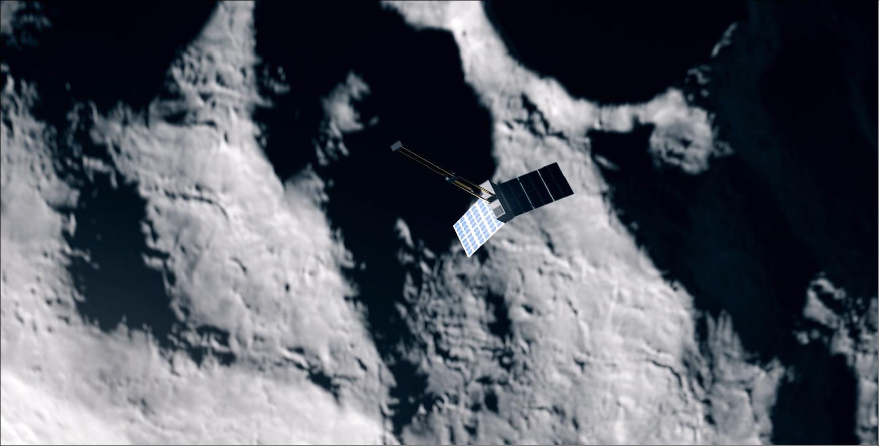 Figure 40: APEX CubeSat above Didymoon. The APEX CubeSat over the smaller of the two Didymos asteroids. ESA’s Hera mission for planetary defence, being designed to survey the smallest asteroid ever explored, is really three spacecraft in one. The main mothership will carry two briefcase-sized CubeSats, which will touch down on the target body. The APEX CubeSat will perform a multispectral mineral survey of the asteroid's makeup (image credit: ESA – Science Office)