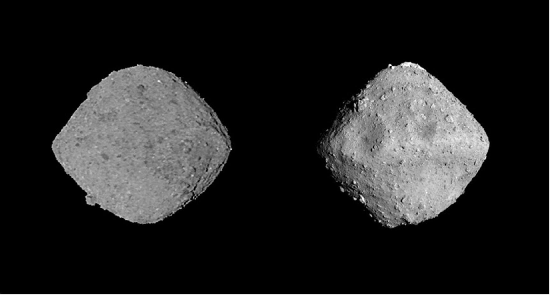 Figure 23: Asteroids Bennu and Ryugu. Both the 525-m diameter Bennu asteroid visited by NASA’s OSIRIS-REx and 1-km diameter Ryugu asteroid reached by Japan’s Hayabusa2 possess the same distinct spinning-top shape and similar material densities. However the pair contain differing amounts of water, as revealed in spectral mapping of hydrated materials. Ryugu appears weakly hydrated compared to Bennu, despite being a comparative youth in asteroid terms, estimated at a mere 100 million years old (image credit: ESA)