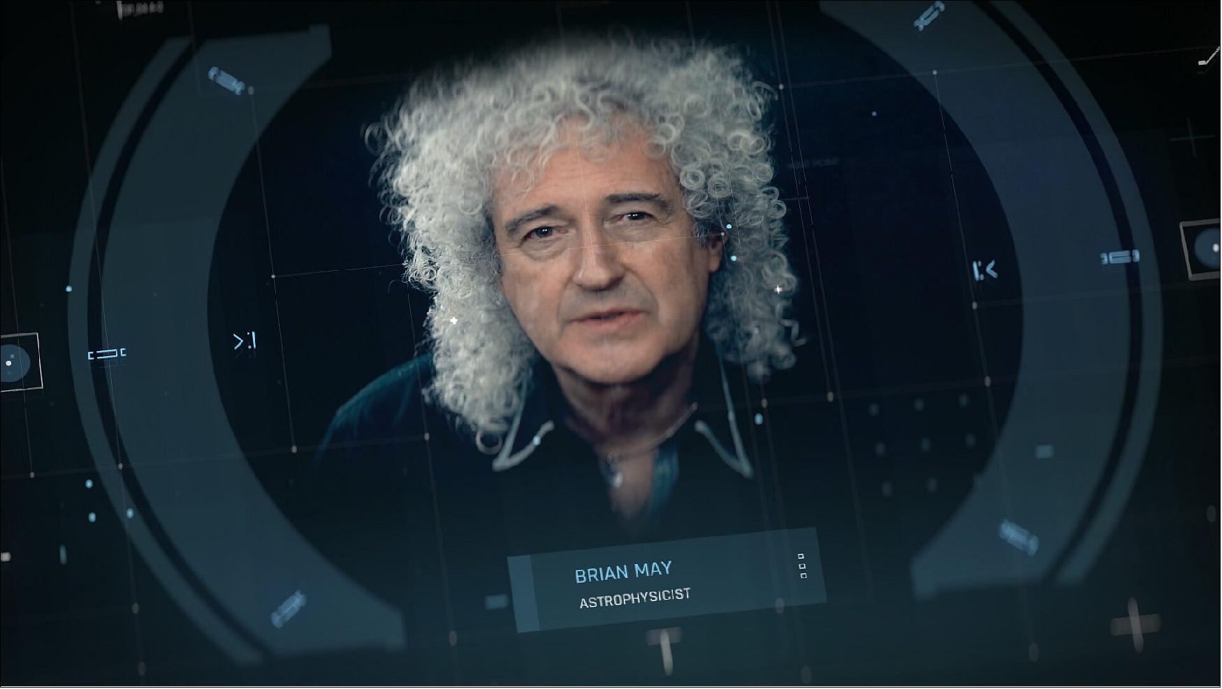 Figure 22: Brian May, Astrophysicist and Rockstar. Hera is a candidate ESA mission that will be humankind’s first probe to rendezvous with a binary asteroid system, Didymos. In the video Hera: ESA’s Planetary Defence Mission, from which this screenshot is taken, Queen guitarist Brian May tells the story behind this ambitious mission (image credit: ESA – Science Office)