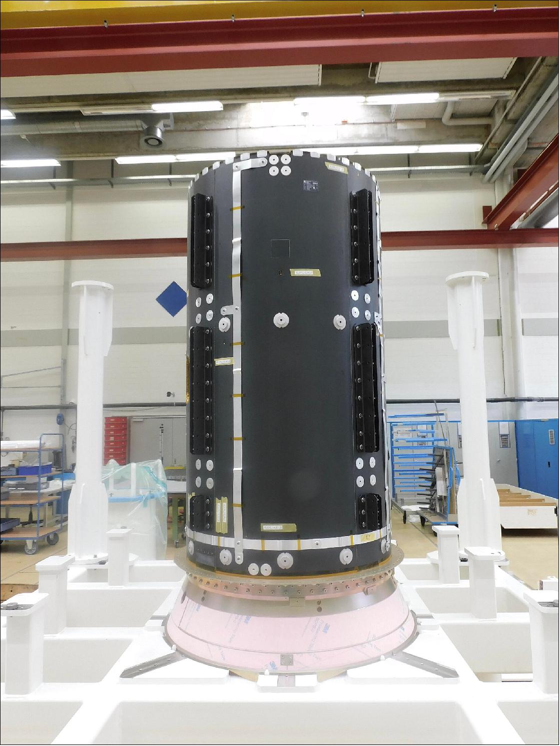 Figure 10: The stiff, strong core serves as a backbone to the spacecraft, built for ESA by a team from RUAG Space in Switzerland and OHB in the Czech Republic. Once current ‘static load’ testing confirms its performance, the core will be shipped to OHB in Germany to assemble the spacecraft’s primary structure around it (image credit: RUAG Space)