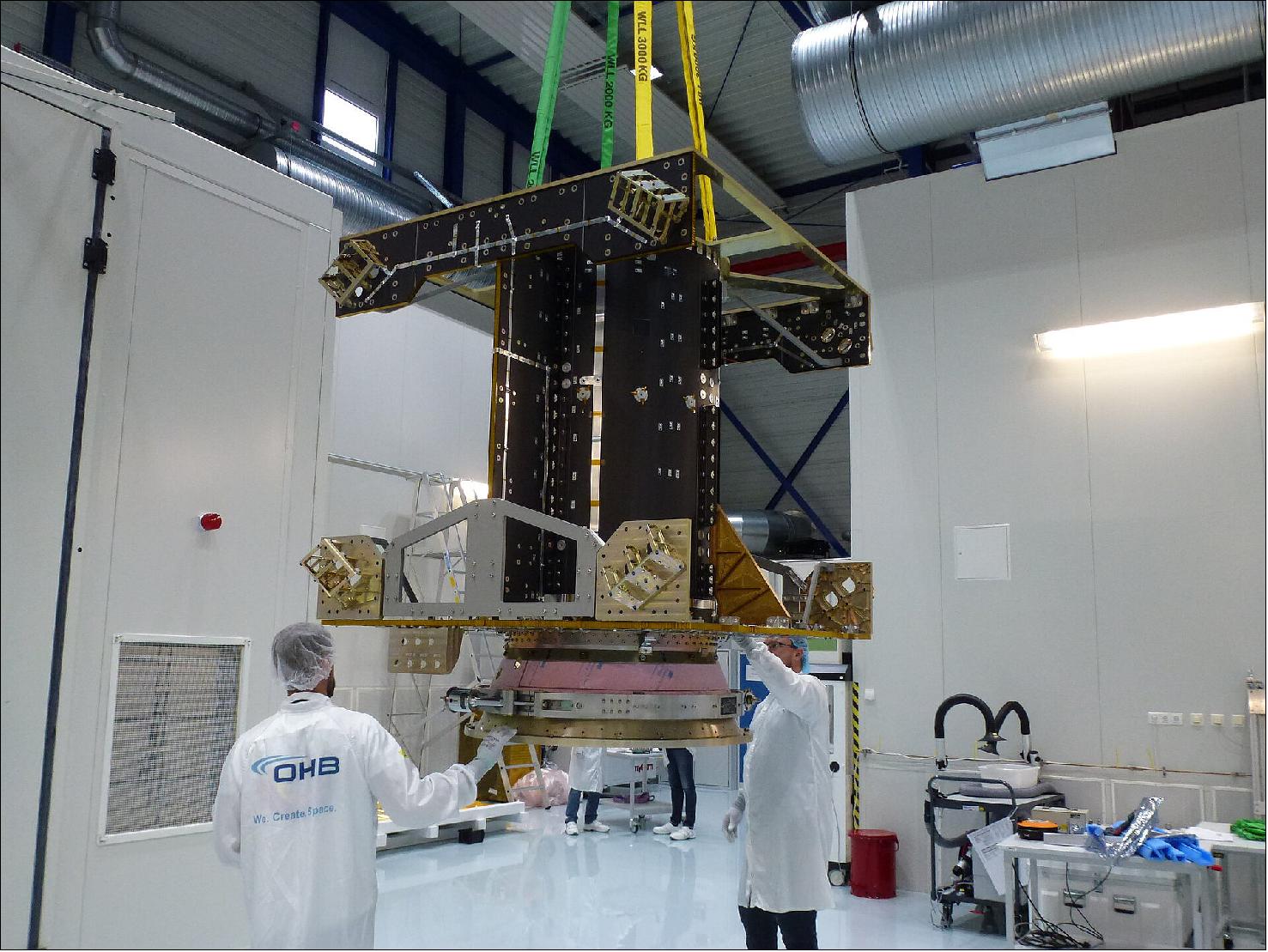 Figure 9: The mission’s Propulsion Module, seen here, has been delivered to Avio, southeast of Rome, where propellant tanks, thrusters and associated pipes and valves will be integrated with it. The fully equipped Propulsion Module is what will take Hera on its 26-month trek through deep space to the main Didymos asteroid and its smaller Dimorphos companion (image credit: OHB)