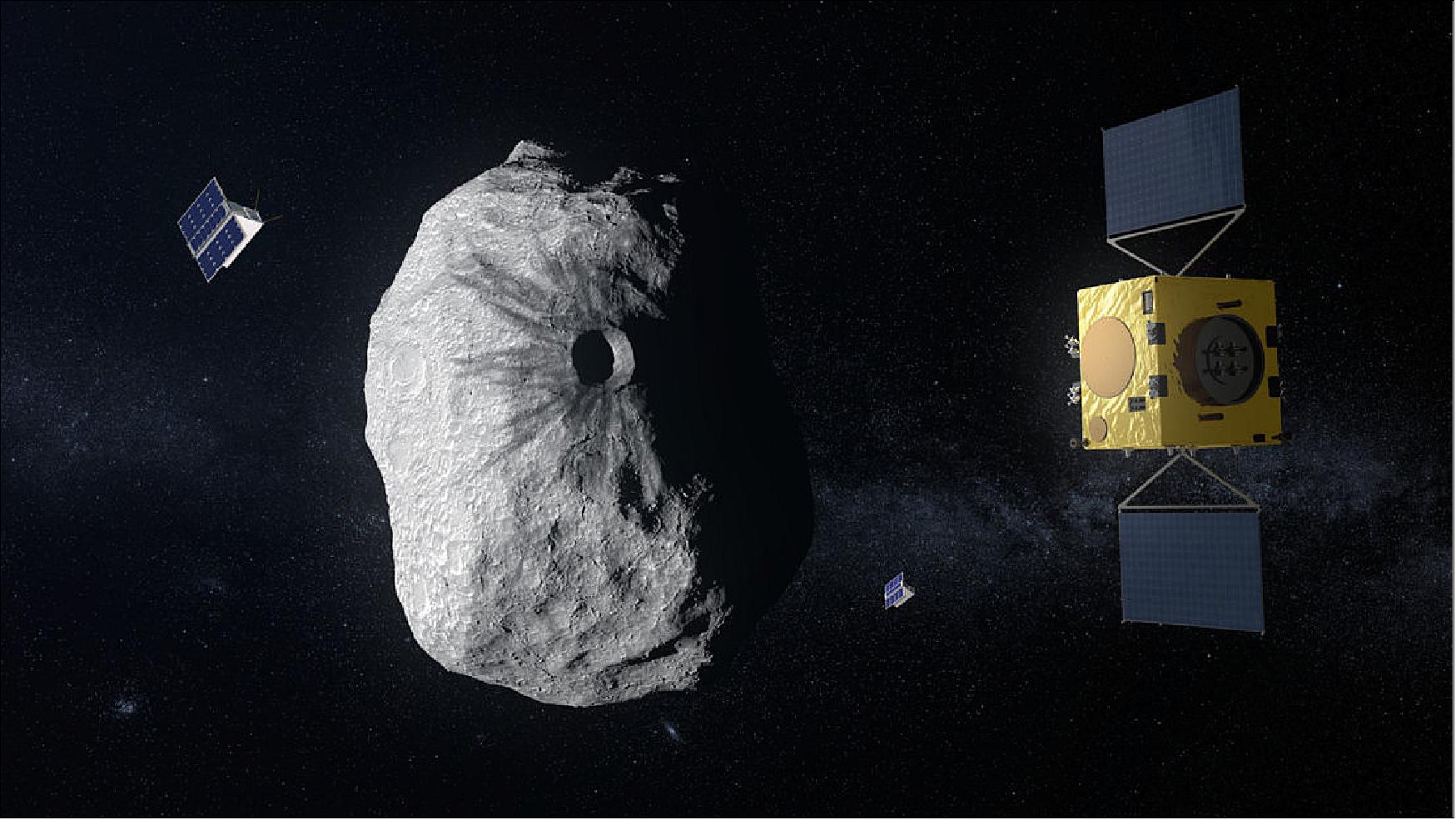 Figure 1: In 2022, NASA’s DART (Double Asteroid Redirection Test) mission collides with the smaller body of the Didymos binary asteroid system in an attempt to measurably shift its orbit (image credit: ESA–ScienceOffice.org)