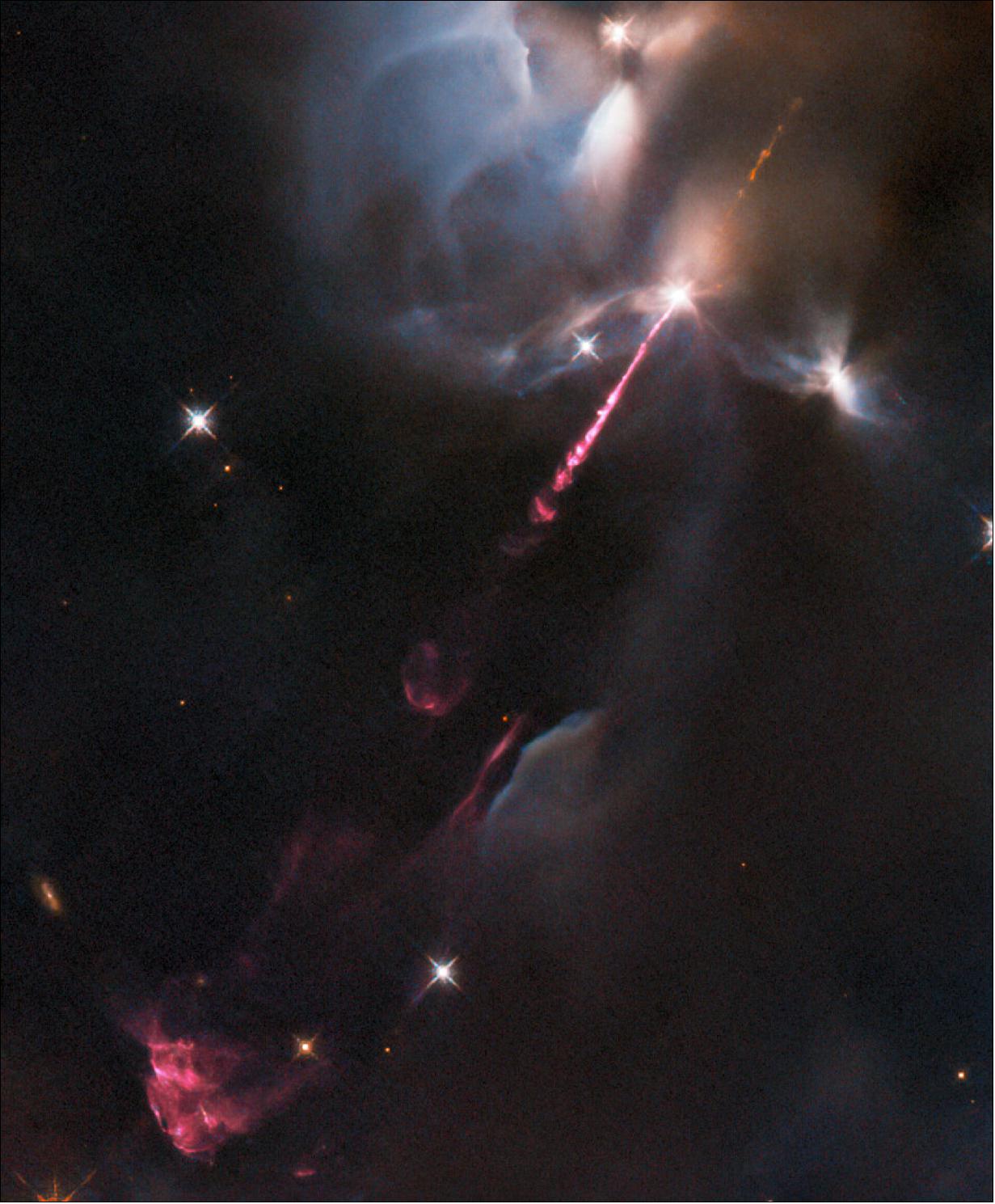 Figure 67: The data in this image are from a set of Hubble observations of four nearby bright jets with the Wide Field Camera 3 taken to help pave the way for future science with the NASA/ESA/CSA James Webb Space Telescope. Webb — which will observe at predominantly infrared wavelengths — will be able to peer into the dusty envelopes surrounding still-forming protostars, revolutionising the study of jets from these young stars. Hubble’s high-resolution images of HH34 and other jets will help astronomers interpret future observations with Webb (image credit: ESA/Hubble & NASA, B. Nisini; CC BY 4.0)