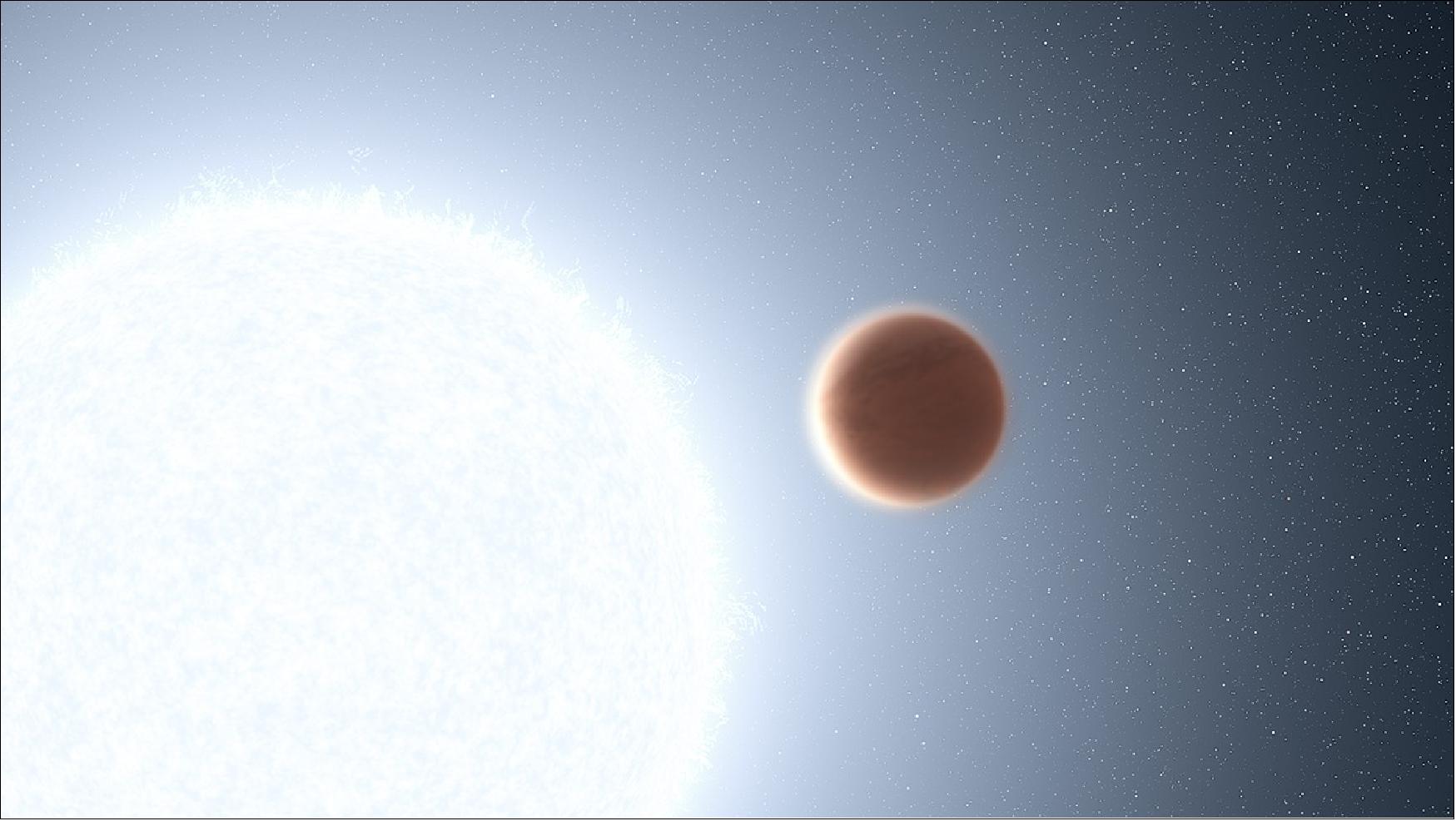 Figure 60: This is an artist's illustration of the planet KELT-20b which orbits a blue-white star. The giant planet is so close to its star (5 million miles) the torrent of ultraviolet radiation from the star heats the planet's atmosphere to over 3,000 degrees Fahrenheit. This creates a thermal layer where the atmosphere increases in temperature with altitude. This is the best evidence to date – gleaned from the Hubble Space Telescope – for a host star affecting a planet's atmosphere directly. The seething planet is 456 light-years away [image credit: ARTWORK: NASA, ESA, Leah Hustak (STScI)]