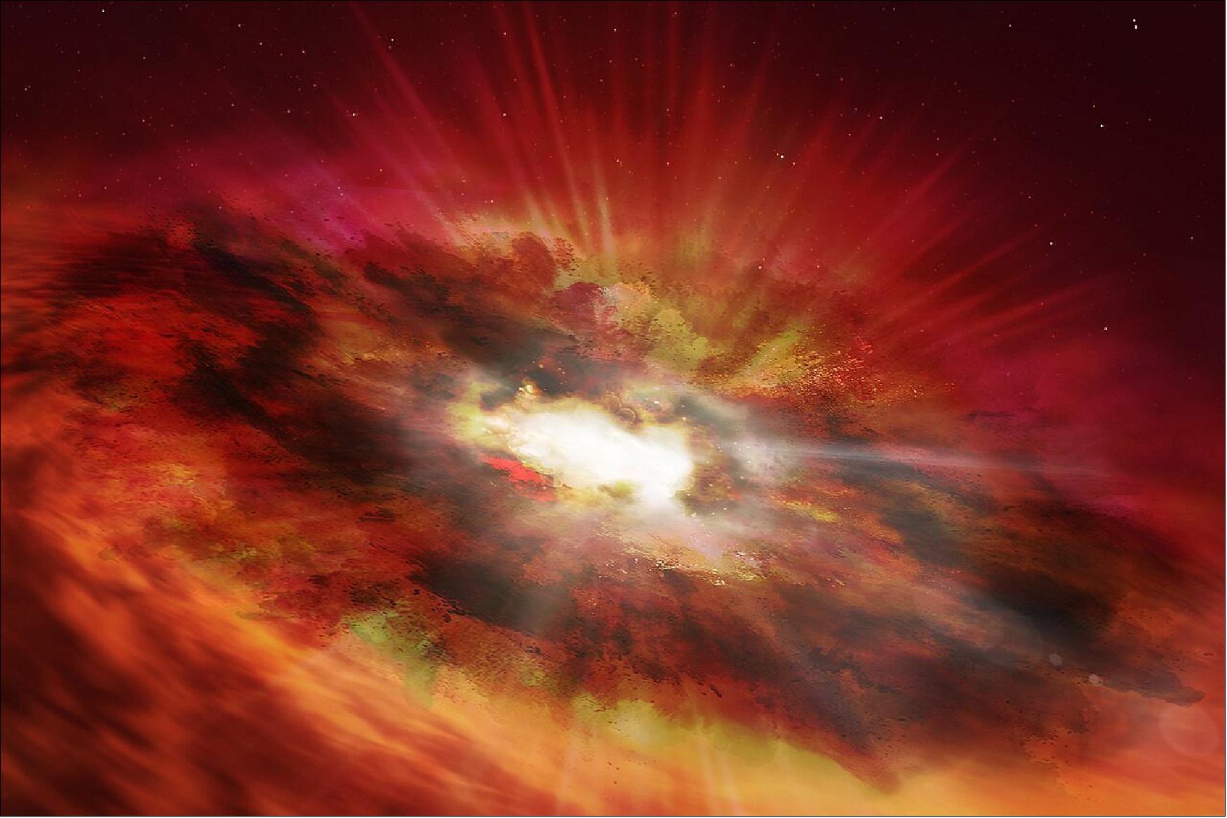Figure 54: Artist’s impression of GNz7q. Current theories predict that supermassive black holes begin their lives in the dust-shrouded cores of vigorously star-forming “starburst” galaxies before expelling the surrounding gas and dust and emerging as extremely luminous quasars. Whilst they are extremely rare, examples of both dusty starburst galaxies and luminous quasars have been detected in the early Universe. The team believes that GNz7q could be the “missing link” between these two classes of objects (image credit: ESA/Hubble, N. Bartmann)