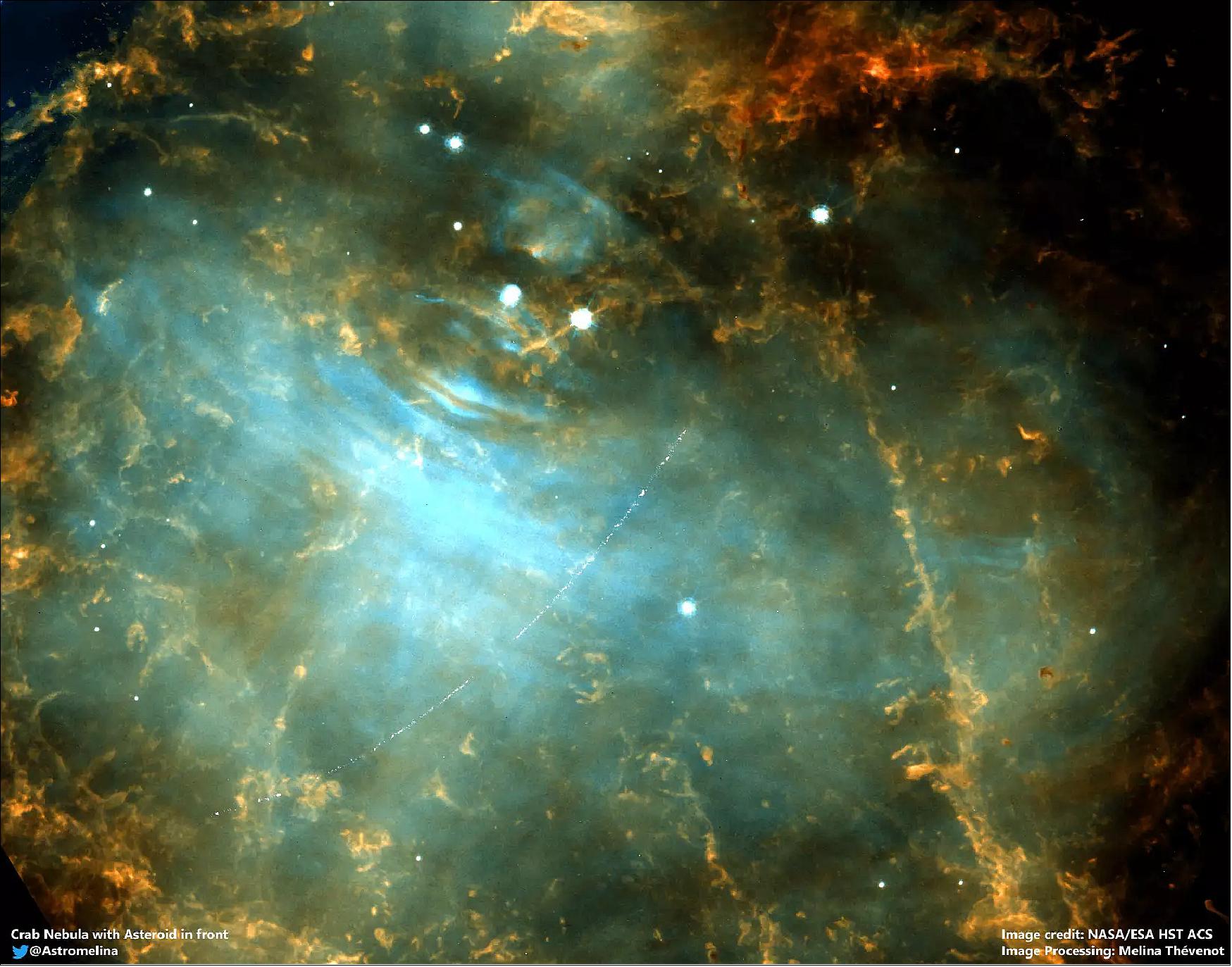 Figure 46: In this Hubble observation taken on 5 December 2005 the Main Belt asteroid 2001 SE101 passes in front of the Crab Nebula (image credit: NASA/ESA HST, Image processing: Melina Thévenot)