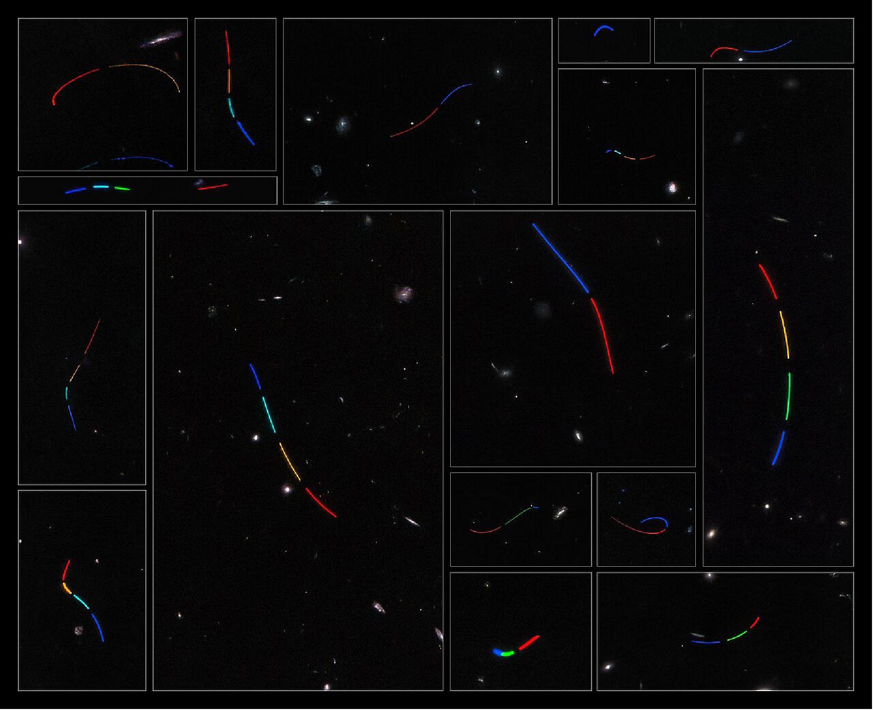 Figure 45: This mosaic consists of 16 different data sets from the NASA/ESA Hubble Space Telescope that were studied as part of the Asteroid Hunter citizen science project. Each of these datasets was assigned a colour based on the time sequence of exposures, such that the blue tones represent the first exposure in which the asteroid was captured and the red tones represent the last [image credit: ESA/Hubble & NASA, S. Kruk (ESA/ESTEC), Hubble Asteroid Hunter citizen science team, M. Zamani (ESA/Hubble)]
