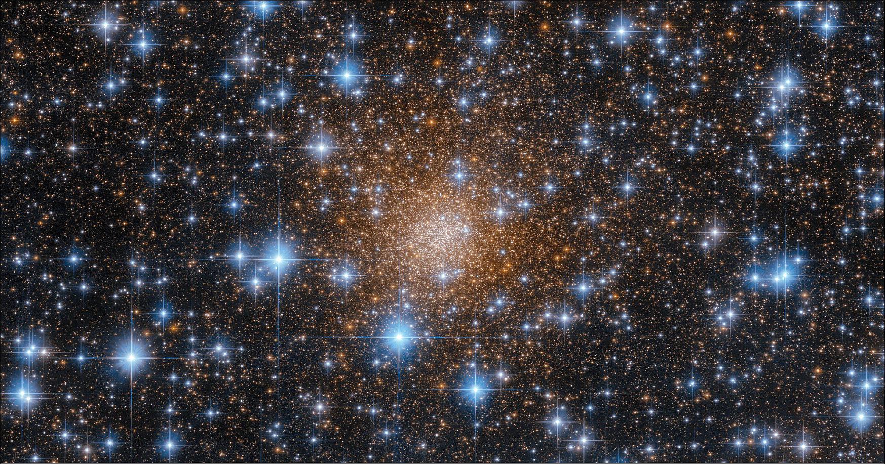 Figure 29: Liller 1 is a particularly interesting globular cluster, because unlike most of its kind, it contains a mix of very young and very old stars. Globular clusters typically house only old stars, some nearly as old as the Universe itself. Liller1 instead contains at least two distinct stellar populations with remarkably different ages: the oldest one is 12 billion years old and the youngest component is just 1-2 billion years old. This led astronomers to conclude that this stellar system was able to form stars over an extraordinary long period of time (image credit: ESA/Hubble & NASA, F. Ferraro; CC BY 4.0)