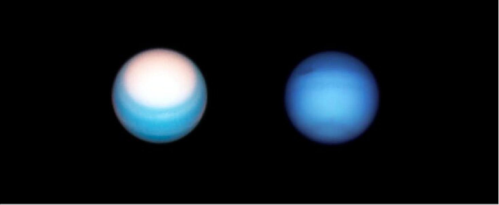 Figure 26: Astronomers may now know why Uranus and Neptune are different colours. Using observations from the NASA/ESA Hubble Space Telescope, as well as the Gemini North telescope and the NASA Infrared Telescope Facility, researchers have developed a single atmospheric model that matches observations of both planets. The model reveals that excess haze on Uranus builds up in the planet’s stagnant, sluggish atmosphere and makes it appear a lighter tone than Neptune. — Left: Hubble’s 25 October 2021 view of Uranus puts the planet’s bright northern polar hood in the spotlight. Right: Hubble’s 7 September 2021 view of Neptune features the planet’s dark spot and darkened northern hemisphere (image credit: NASA, ESA, A. Simon (Goddard Space Flight Center), and M. H. Wong (University of California, Berkeley) and the OPAL team)