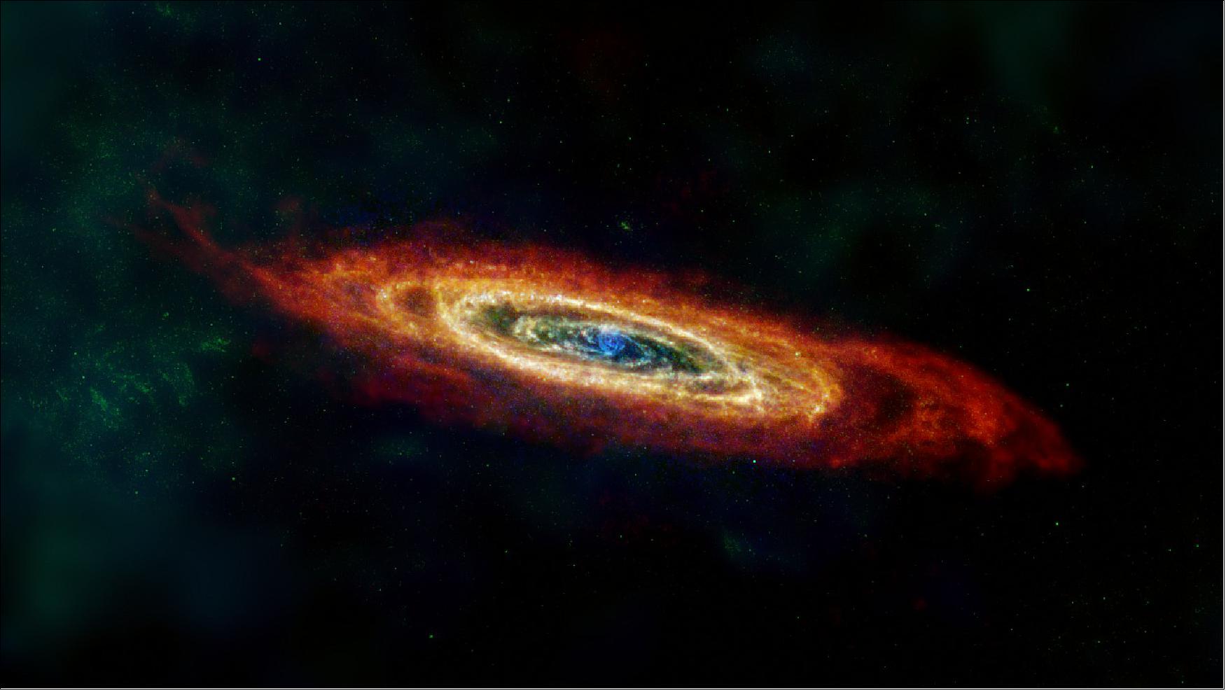 Figure 18: The Andromeda galaxy, or M31, is shown here in far-infrared and radio wavelengths of light. Some of the hydrogen gas (red) that traces the edge of Andromeda’s disc was pulled in from intergalactic space, and some was torn away from galaxies that merged with Andromeda far in the past. The image is composed of data from the European Space Agency (ESA) Herschel mission, supplemented with data from ESA’s retired Planck observatory and two retired NASA missions: the Infrared Astronomy Survey and Cosmic Background Explorer, as well as the Green Bank Telescope, WRST, and IRAM radio telescopes[image credits: ESA, NASA, NASA-JPL, Caltech, Christopher Clark (STScI), R. Braun (SKA Observatory), C. Nieten (MPI Radioastronomie), Matt Smith (Cardiff University)]