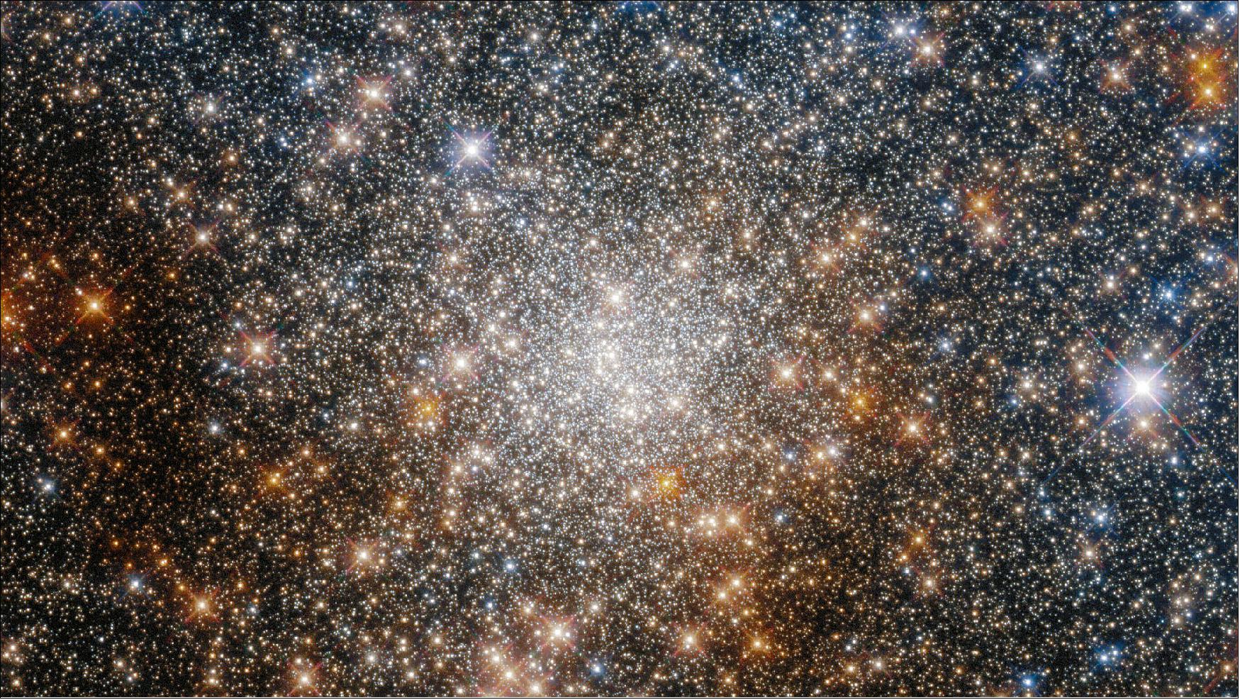Figure 16: This starry snapshot is from a Hubble programme investigating globular clusters located towards the heart of the Milky Way. The central region of our home galaxy contains a tightly packed group of stars known as the Galactic bulge, which is also rich in interstellar dust. This dust has made globular clusters near the Galactic centre difficult to study, as it absorbs starlight and can even change the apparent colours of the stars in these clusters. Hubble's sensitivity at both visible and infrared wavelengths has allowed astronomers to measure how the colours of these globular clusters have been changed by interstellar dust, and thereby to establish their ages (image credit: ESA/Hubble & NASA, R. Cohen; CC BY 4.0)
