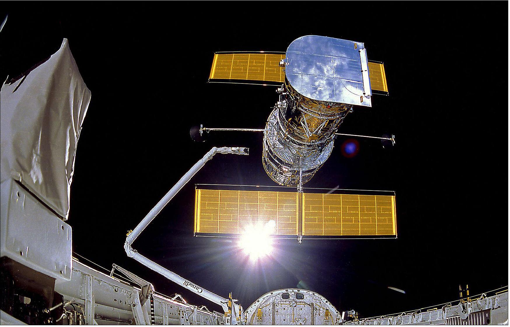 Figure 2: IMAX Cargo Bay Camera view of the Hubble Space Telescope at the moment of release, mission STS-31 in April 1990 (image credit: NASA)