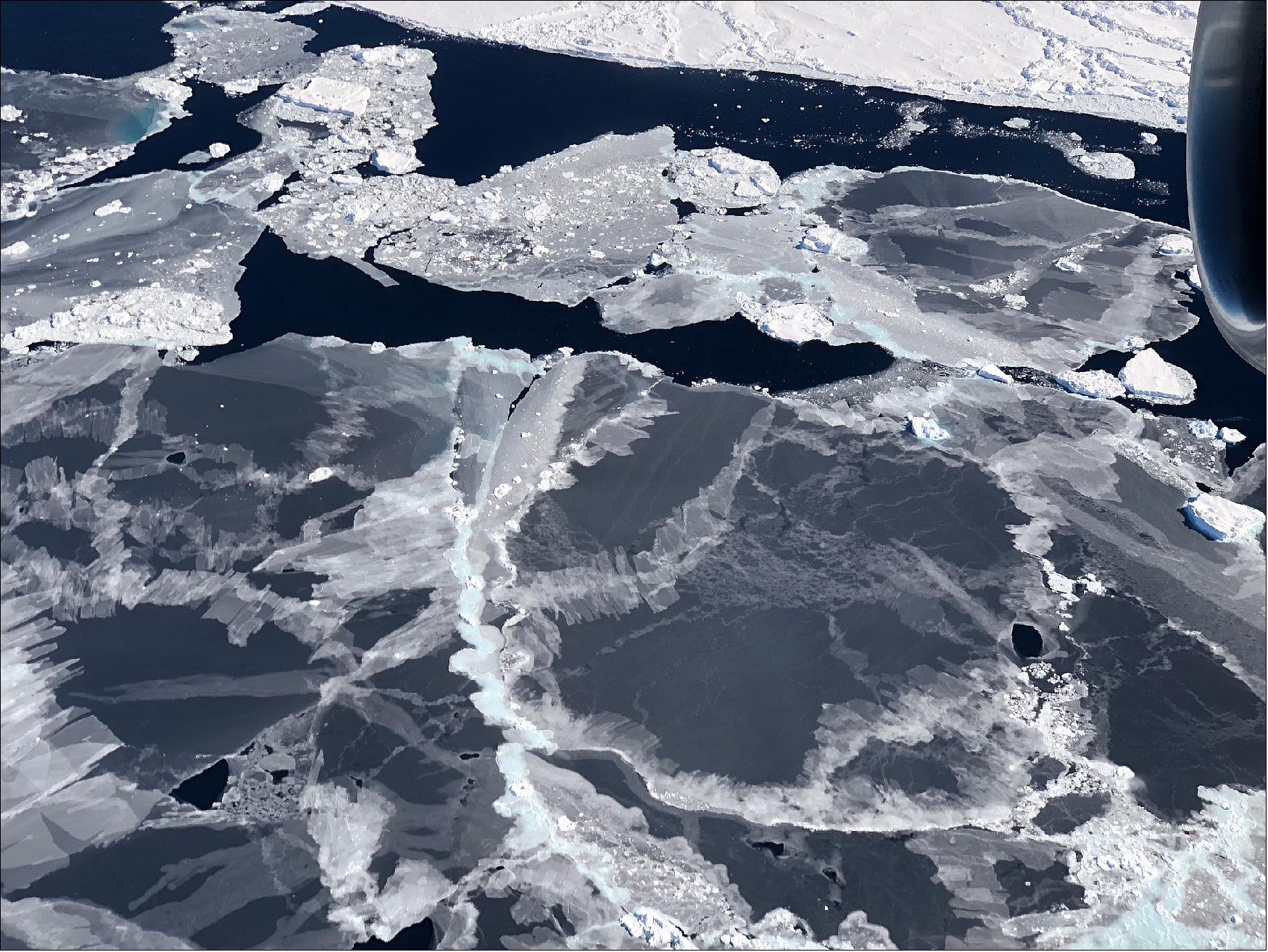 Figure 54: Sea ice forms in the open water between floes, called leads, in the Bellingshausen Sea. ICESat-2 is able to detect the thin sea ice, allowing scientists to more accurately track seasonal ice formation (image credit: NASA)