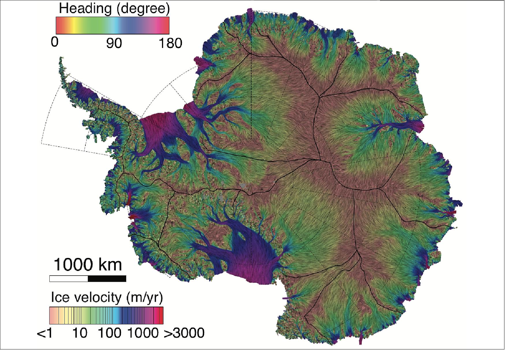 Figure 47: This new NASA/UC Irvine map of ice velocity in Antarctica is 10 times more accurate than any previous map and shows flows over 80% of the continent, where older maps showed about 20%. Colored lines indicate direction of flow; background colors show speed (image credit: UCI/Jeremie Mouginot)