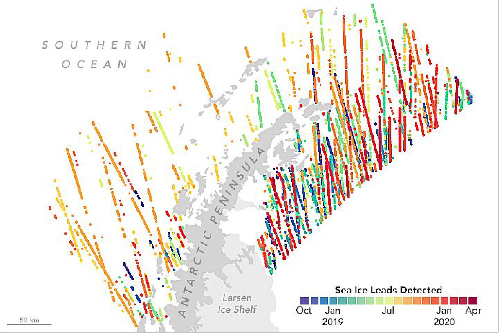 Figure 28: On the maps on this page, lines indicate where ICESat-2 detected leads in the sea ice around the Antarctic Peninsula from October 2019 through April 2020. Each point on the lines represents a location along the satellite’s orbital path where the sensor detected open water. Wethington filtered the data by month to find out which areas have more leads and how those dynamics change (image credit: NASA Earth Observatory, images by Joshua Stevens, using ICESat-2 data and colony estimates courtesy of Michael Wethington/Stony Brook University. Story by Kathryn Hansen)