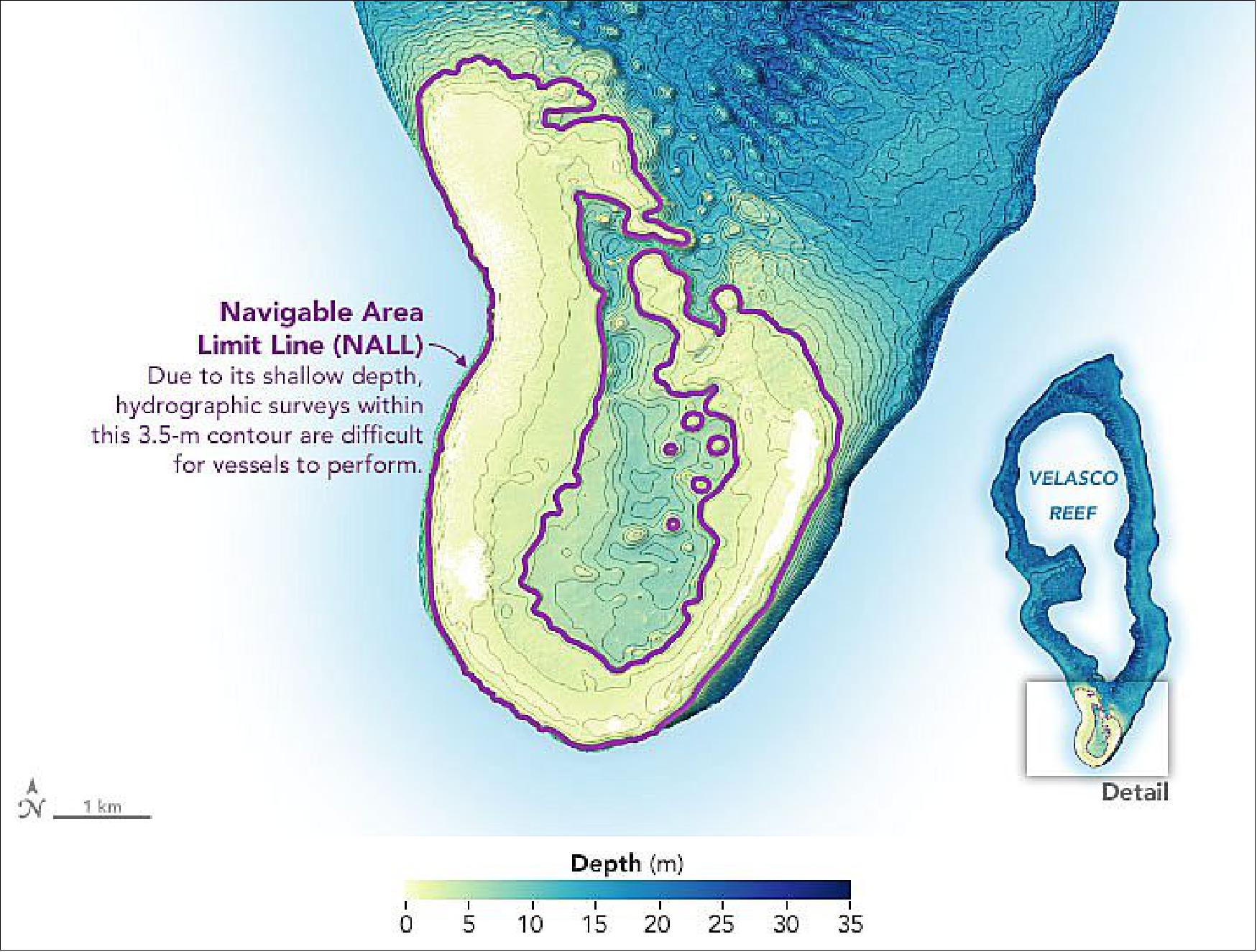 Figure 27: The maps show the NALL regions around Velasco Reef and the current water depths as measured by Magruder and Parrish’s team. This use of ICESat-2 data could be a game-changer (image credit: NASA Earth Observatory)