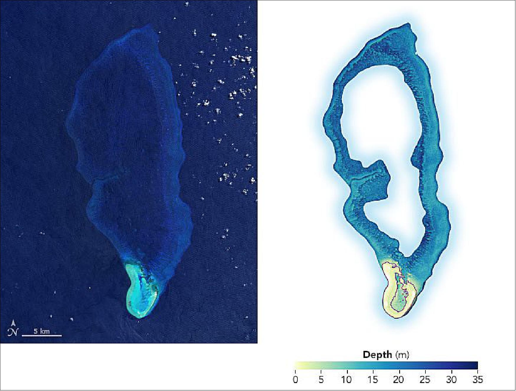 Figure 26: The images show Velasco Reef in the Republic of Palau. The left, natural-color image of the South Pacific reef was acquired by Landsat 8 in 2020; the right image is a digital elevation model created with ICESat-2 data. The map was developed as part of a demonstration study led by remote sensing scientists Lori Magruder of the University of Texas at Austin and Chris Parrish of Oregon State University. They partnered with the Coral Reef Research Foundation in Palau to fuse existing sonar data with their ICESat-2 dataset (image credit: NASA Earth Observatory images by Joshua Stevens, using Landsat data from the U.S. Geological Survey and data from the Shallow Bathymetry Everywhere project. Story by Andi Thomas, with Mike Carlowicz)