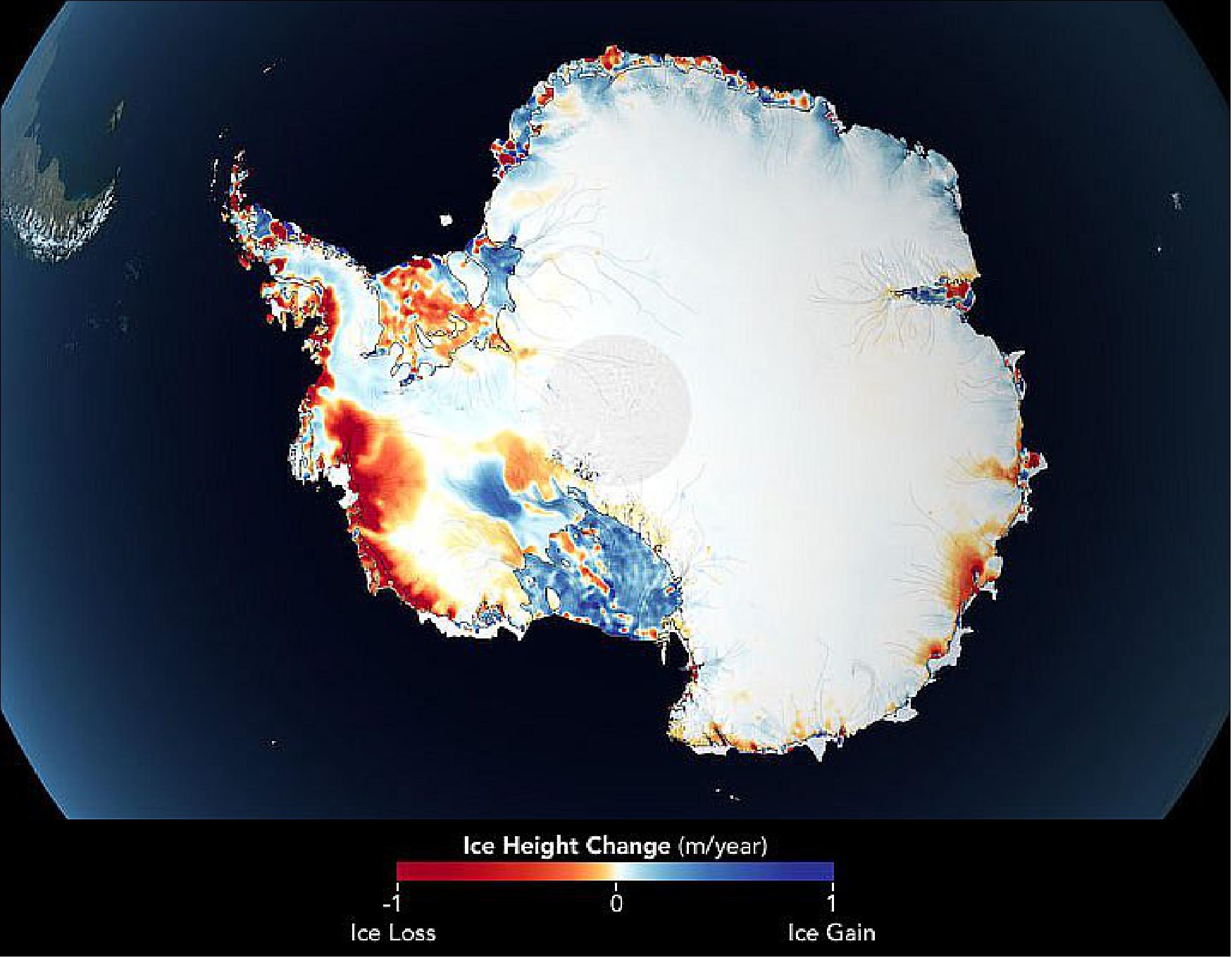 Figure 24: With Earth’s ice steadily shrinking, scientists are trying to understand the exact locations and pace of the changes. The map below shows changes in land ice thickness in Antarctica between 2003-2009 and 2018-2019, as measured by ICESat and ICESat-2. (Similar measurements have also been mapped for Greenland.) In a study published in June 2020, scientists found that ice losses around the edges of Greenland and West Antarctica have contributed 14 millimeters (0.55 inches) to sea level rise since 2003. That is one third of the total amount of sea level rise observed over that period (image credit: NASA Earth Observatory)