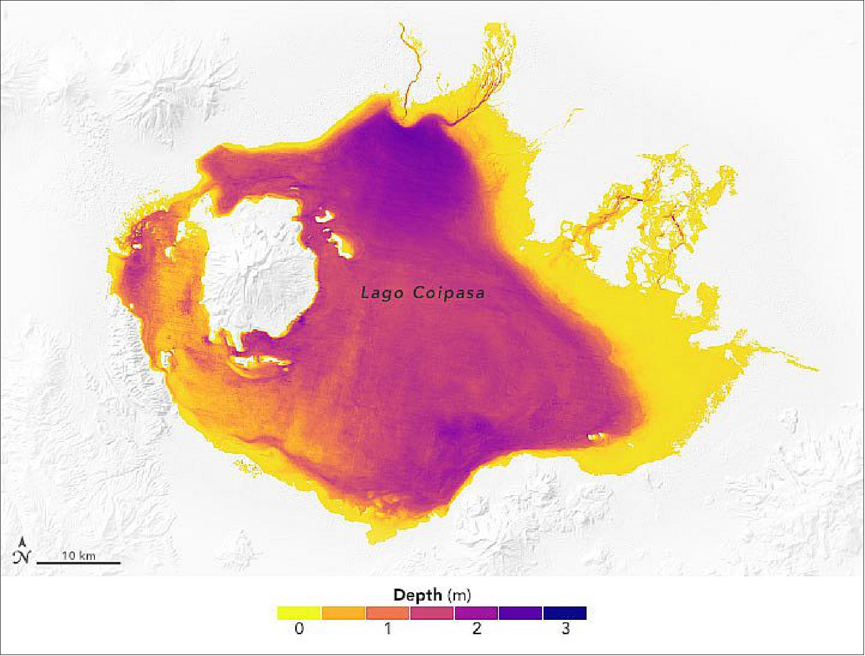 Figure 17: This map shows the bathymetry of Bolivia’s Lago Coipasa during the wet season. Located in the Altiplano, Coipasa is an ephemeral saline lake with a maximum depth around 3.5 meters (11 feet). The lake is a popular tourist spot and adjacent to a large salt flat, where evaporation of mineral-rich waters leads to the formation of thick, flat salt deposits. The lake was previously unmapped (image credit: NASA Earth Observatory)