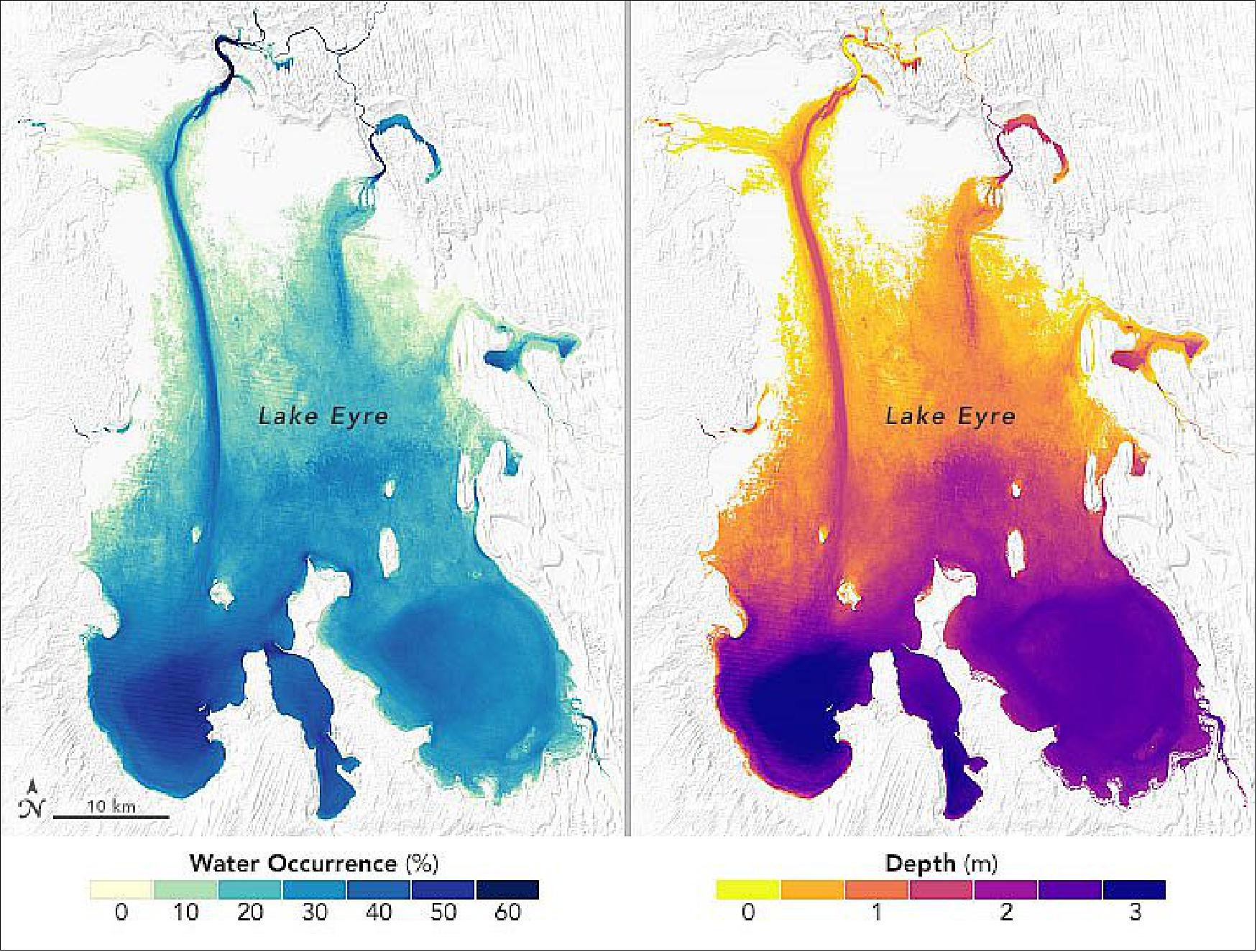 Figure 16: Researchers are using ICESat-2 elevation data to create bathymetry maps of shallow lakes in the remote desert. The left image shows how often—by percentage of the year—water was present in different parts of Lake Eyre from 1984 to 2015. The map was constructed using data from the Global Surface Water Explorer, which quantifies changes in global surface water over the past 32 years using Landsat images. The right image shows the depth of Lake Eyre as reconstructed by Armon and colleagues. They derived the map by combining the Landsat water occurrence data with land elevation data from NASA’s ICESat-2 (Ice, Cloud and land Elevation Satellite-2). ICESat-2 collects elevation measurements of Earth’s surface in narrow swaths over land. Although traditionally used to measure the height of ice sheets, the laser signals from ICESat-2 can penetrate a few meters of water to measure the shape and depths of lake beds and shallow seafloors. The satellite-derived bathymetry results were correlated with field measurements of the lake taken via boat, helicopter, and land surveyors between June 1974 and September 1976 (image credit: NASA Earth Observatory images by Joshua Stevens, using data from Armon, M., et al. (2020). Story by Kasha Patel)