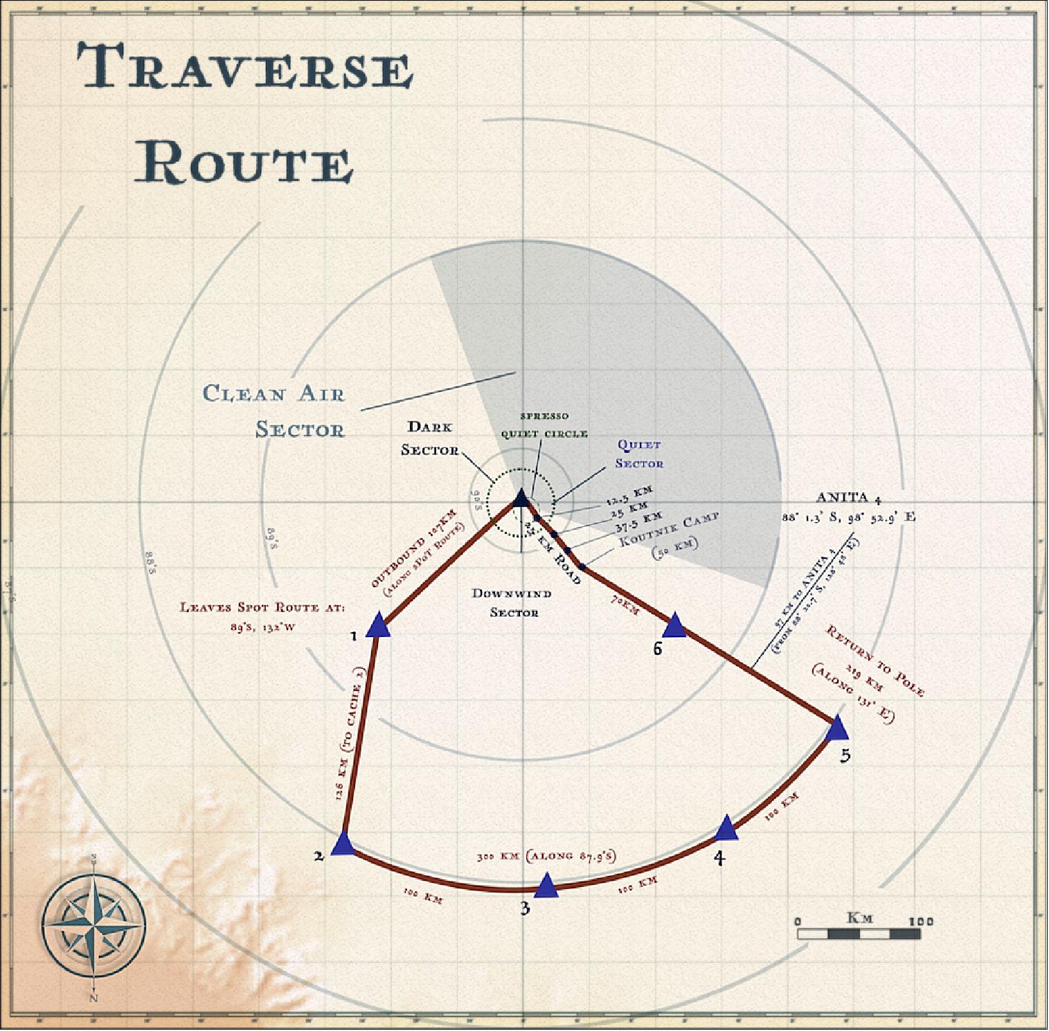 Figure 75: The ICESat-2 team will follow a route from the South Pole station to just north of the 88º south latitude line, then drive along the line at a pace of 50 to 72 km/day. The traverse will take two to three weeks to complete (image credit: NASA, Manrique)