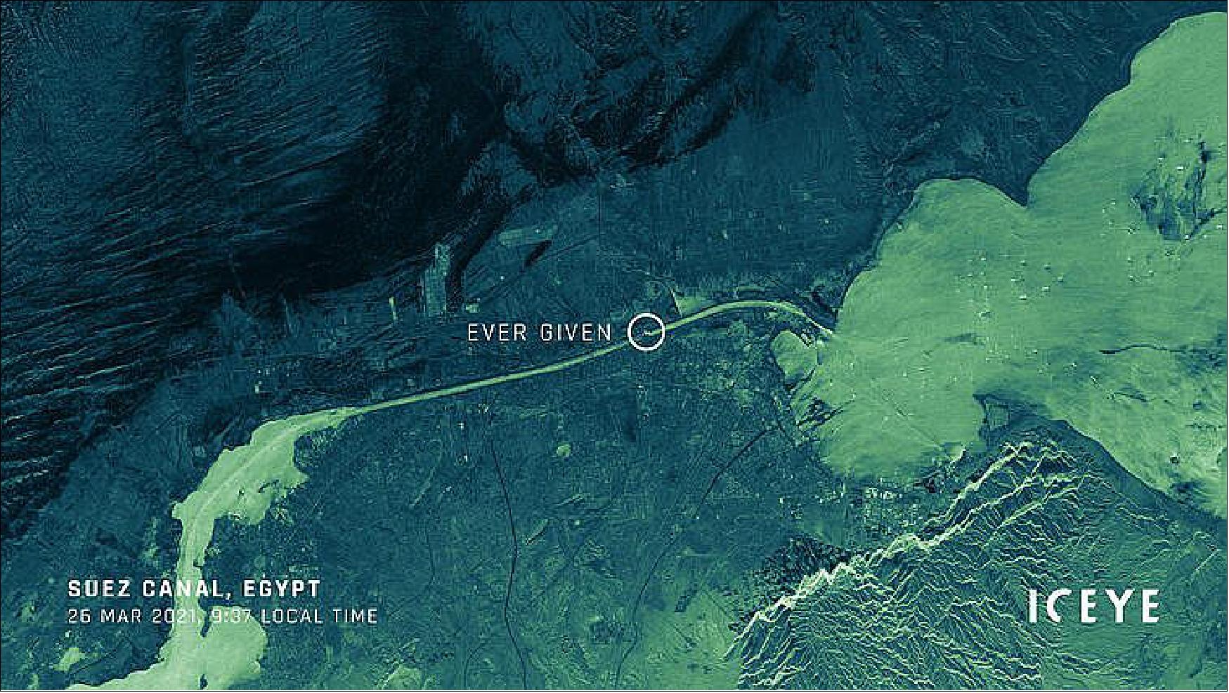 Figure 31: A Strip ICEYE radar satellite image of the Suez Canal from March 26, 2021, when the vessel Ever Given was blocking the waterway (image credit: ICEYE)