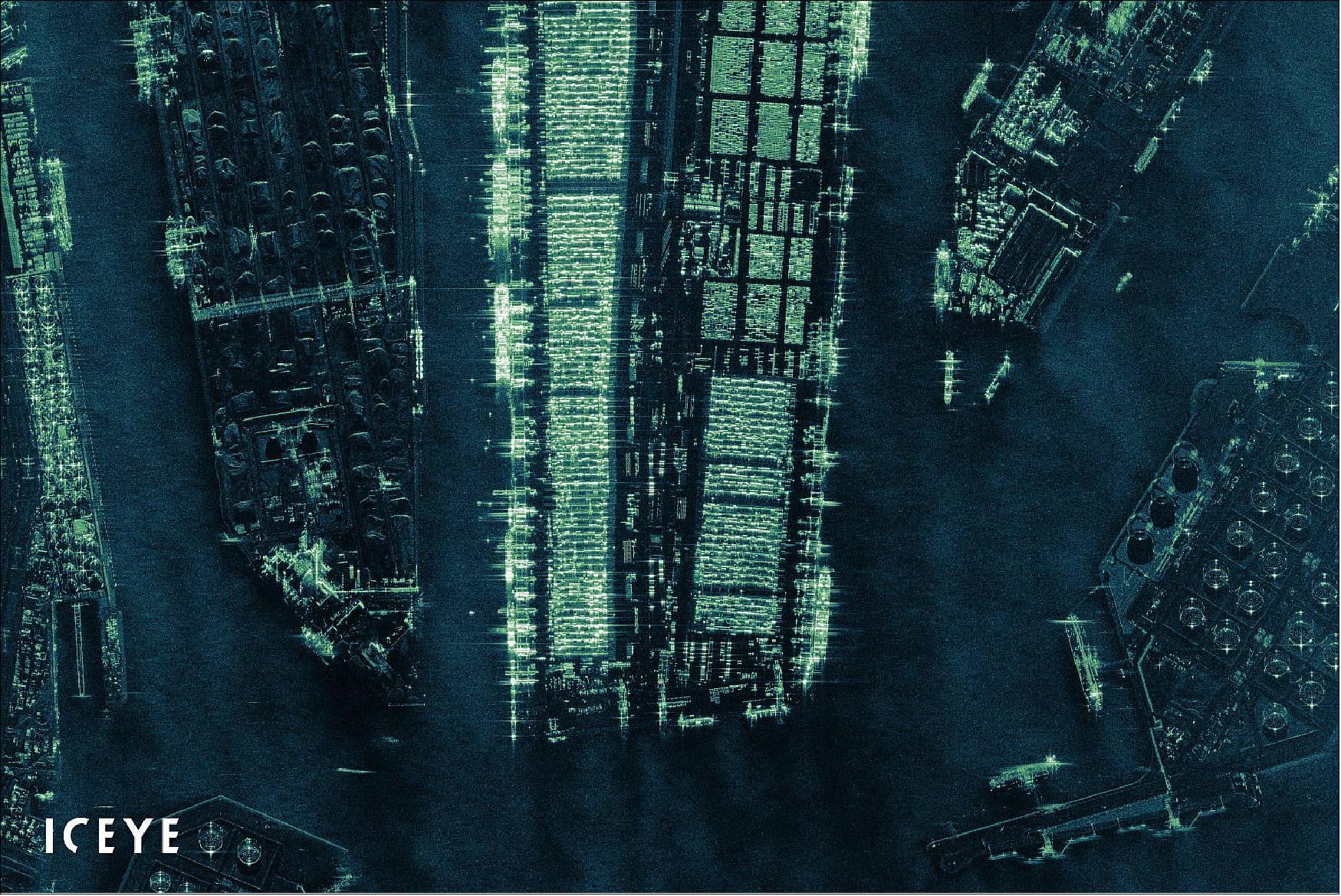 Figure 26: A radar satellite image of the largest seaport in Europe - Port of Rotterdam, the Netherlands. The image was acquired with an ICEYE SAR satellite in the Spot imaging mode (image credit: ICEYE)