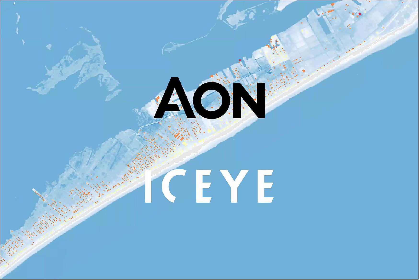 Figure 19: Aon plc and ICEYE logos with flood extent visualization in the background (image credit: ICEYE)