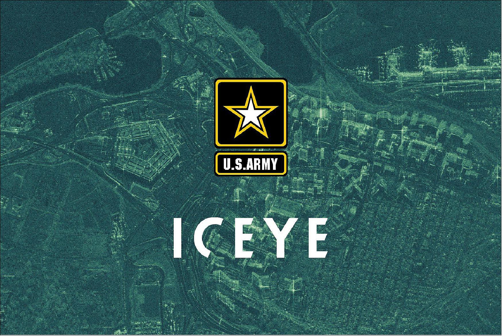Figure 17: ICEYE and U.S. Army logos with a SAR satellite image of Washington, DC in the background and Arlington,VA (image credit: ICEYE)