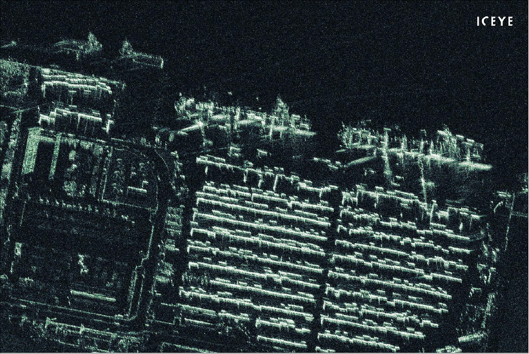 Figure 50: ICEYE radar satellite imagery that has been acquired and processed at 0.5 meter ground sample distance, featuring a port container terminal near Port Harcourt, Nigeria (image credit: ICEYE)