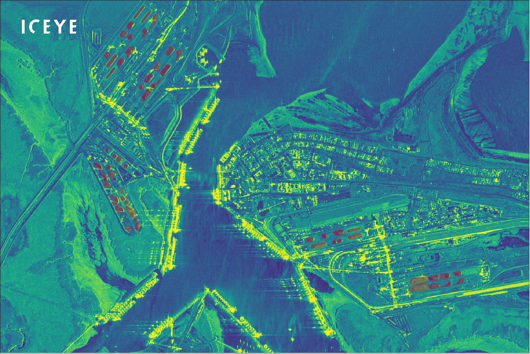 Figure 46: Iron ore stockpiles seen and measured from ICEYE high resolution SAR imaging, at the port of Port Hedland, Australia, ready for further analysis (image credit: ICEYE)