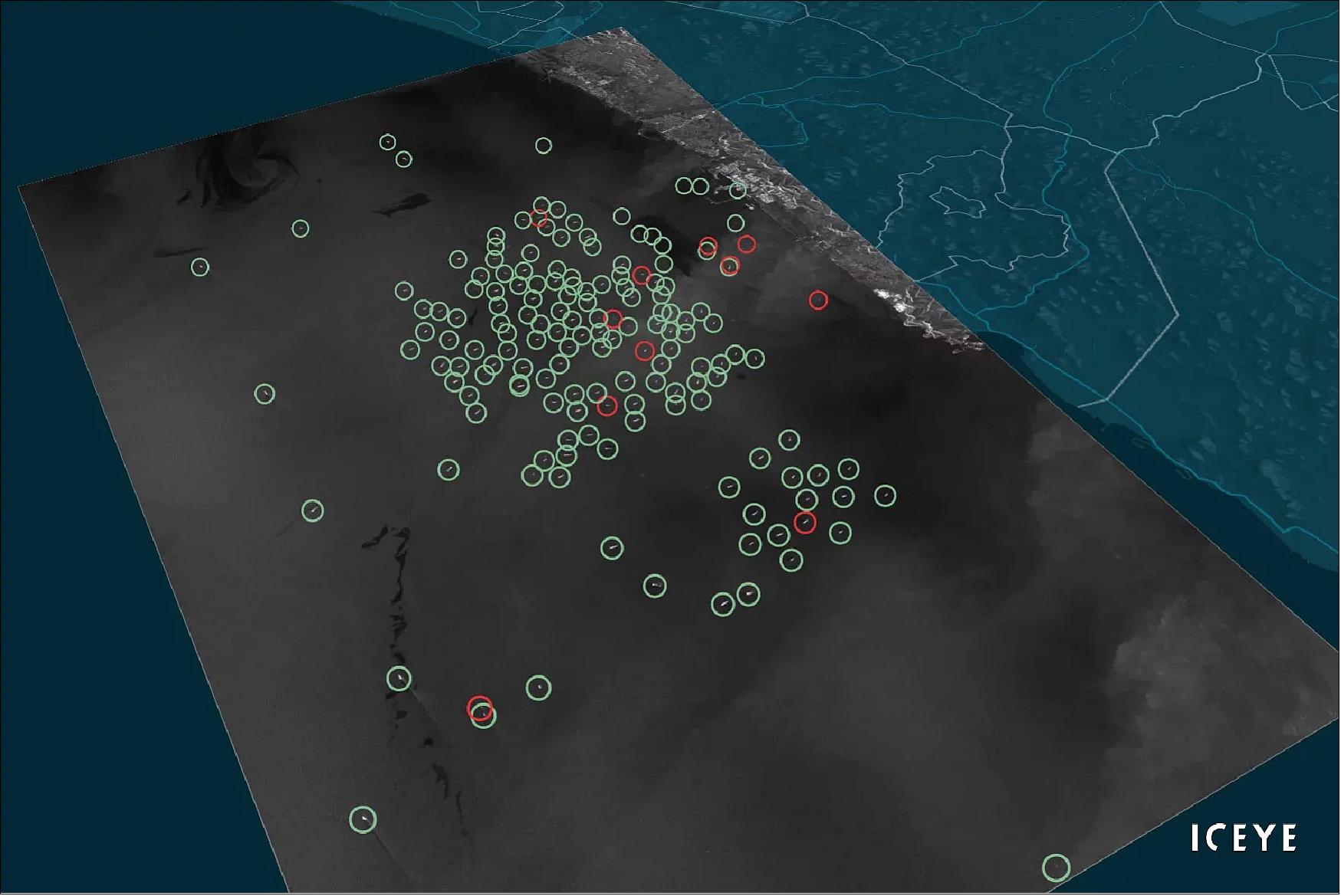 Figure 45: Visualization of the ICEYE Dark Vessel Detection Solution, showing locations, and the AIS status of collaborative vessels with a green circle, and dark vessels with a red circle, on top of ICEYE SAR satellite data (image credit: ICEYE)