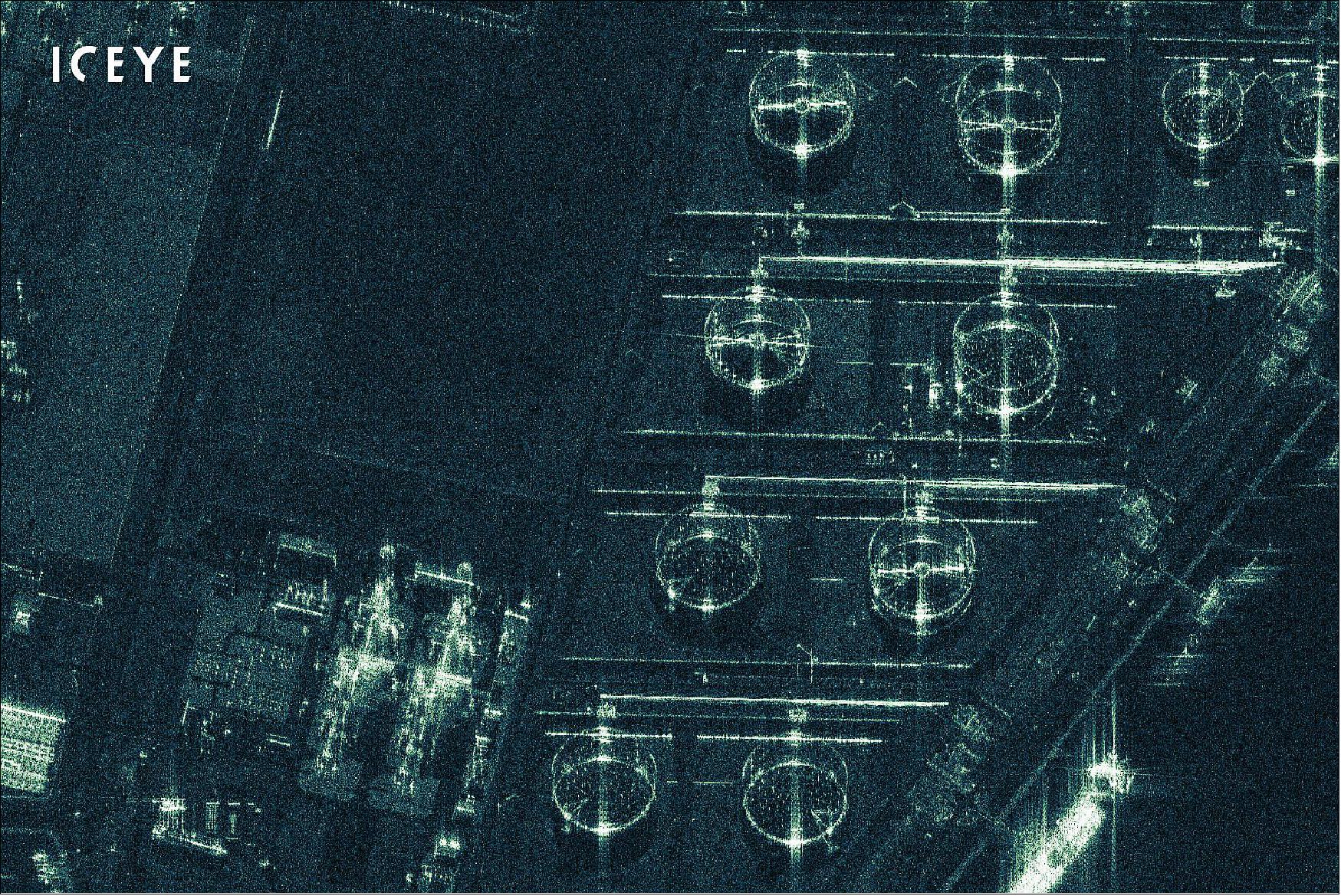 Figure 43: A compressed preview image of ICEYE radar satellite imagery, originally acquired at 25 cm resolution, showing oil tanks in Rotterdam, The Netherlands (image credit: ICEYE)