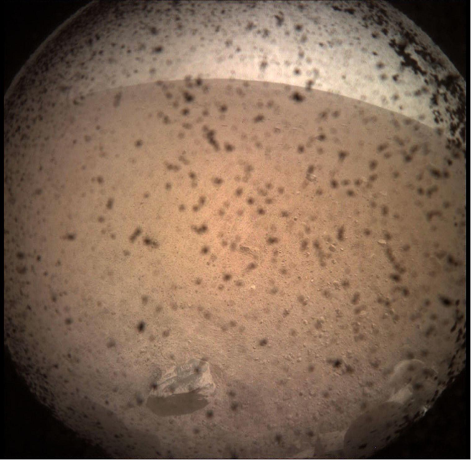 Figure 56: NASA's InSight Mars lander acquired this image of the area in front of the lander using its lander-mounted, Instrument Context Camera (ICC). This image was acquired on Nov. 26, 2018, Sol 0 of the InSight mission where the local mean solar time for the image exposures was 13:34:21. Each ICC image has a field of view of 124 x 124 degrees (image credit: NASA/JPL-CalTech)