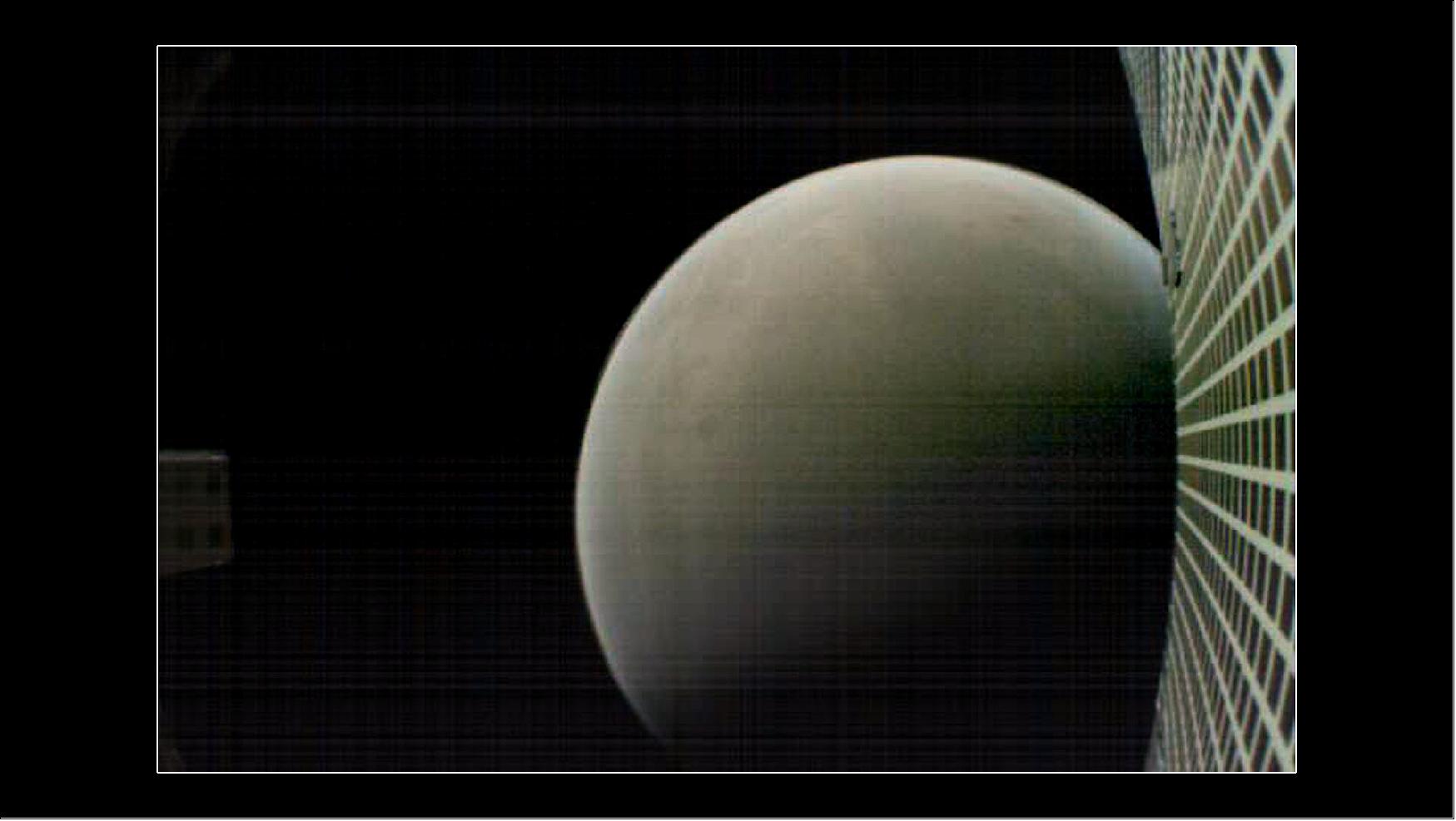 Figure 55: The MarCO-B CubeSat took this image of Mars from about 4,700 miles (6,000 km) away during its flyby of the Red Planet on Nov. 26, 2018. MarCO-B was flying by Mars with its twin, MarCO-A, to attempt to serve as communications relays for NASA’s InSight spacecraft as it landed on Mars (image credit: NASA/JPL-Caltech)