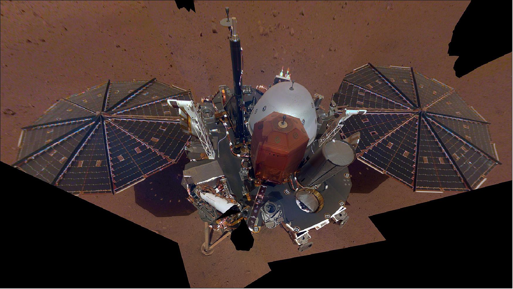 Figure 50: This is NASA InSight's first selfie on Mars. It displays the lander's solar panels and deck. On top of the deck are its science instruments, weather sensor booms and UHF antenna (image credit: NASA/JPL-Caltech)