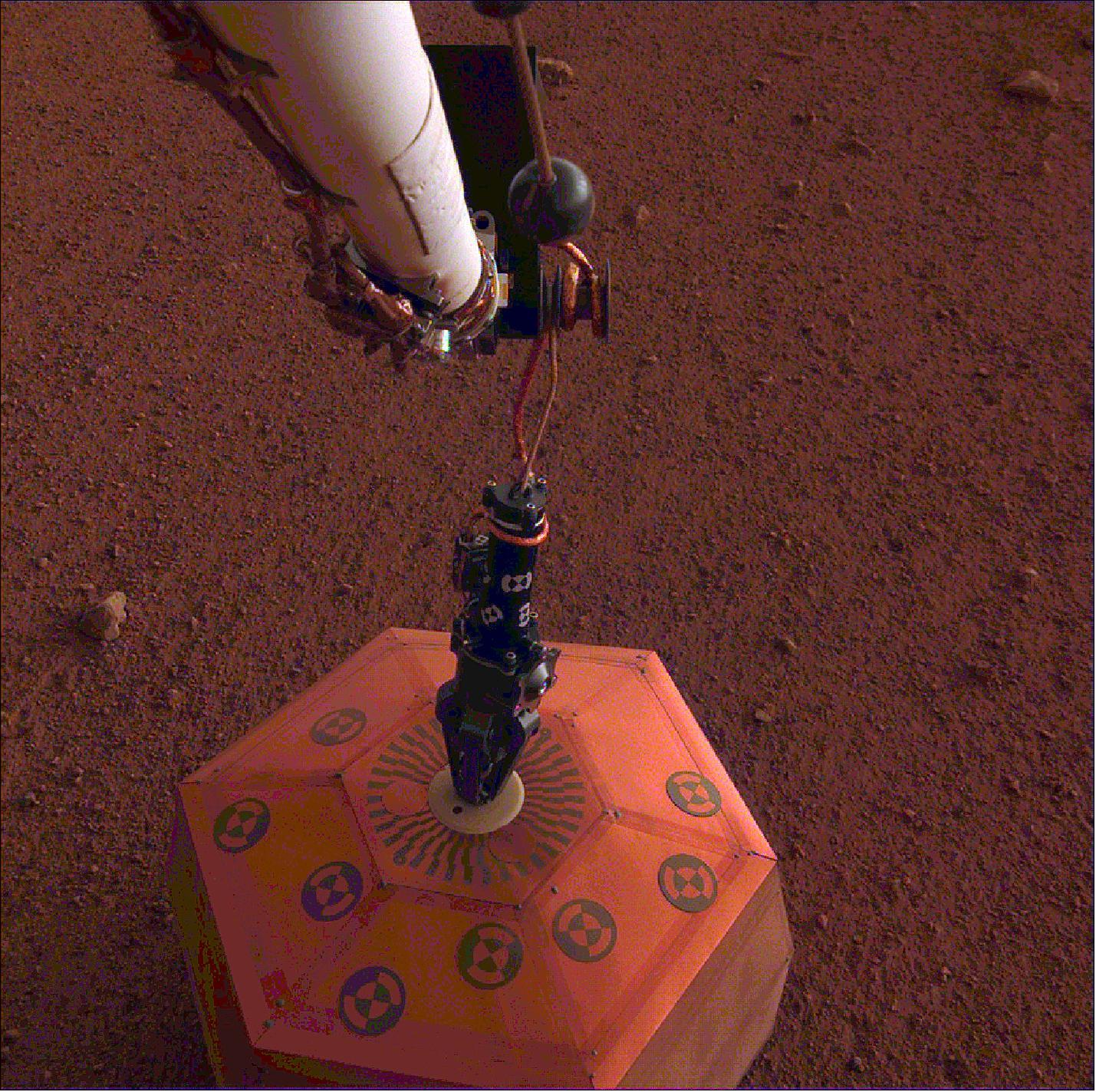 Figure 49: NASA's InSight lander placed its seismometer on Mars on Dec. 19, 2018. This was the first time a seismometer had ever been placed onto the surface of another planet (image credit: NASA/JPL-Caltech)
