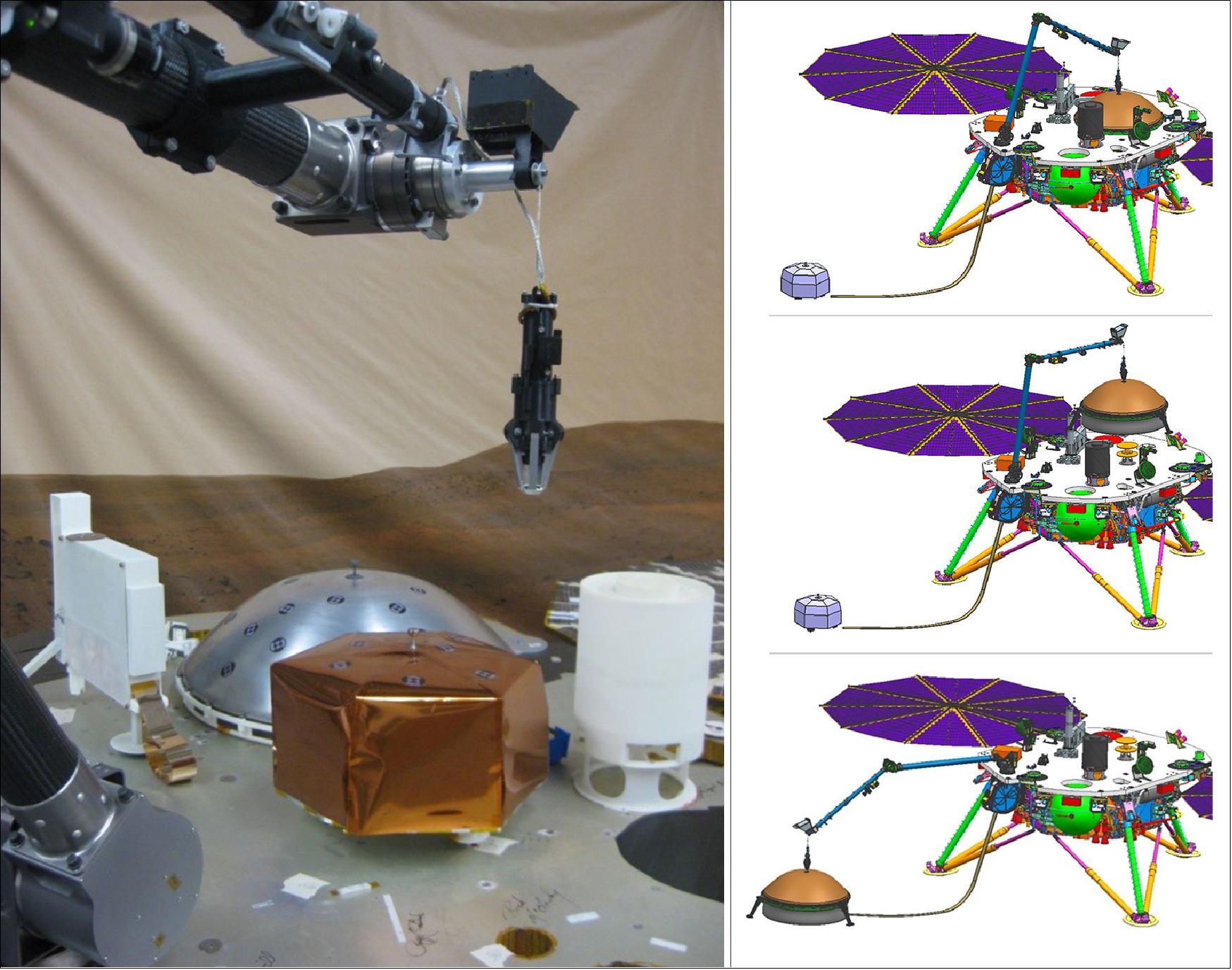 Figure 71: A view of the mockup arm, end effector, and lander top deck of Insight (left), and a sequence of three graphics representing instrument deployment (right), image credit: NASA/JPL