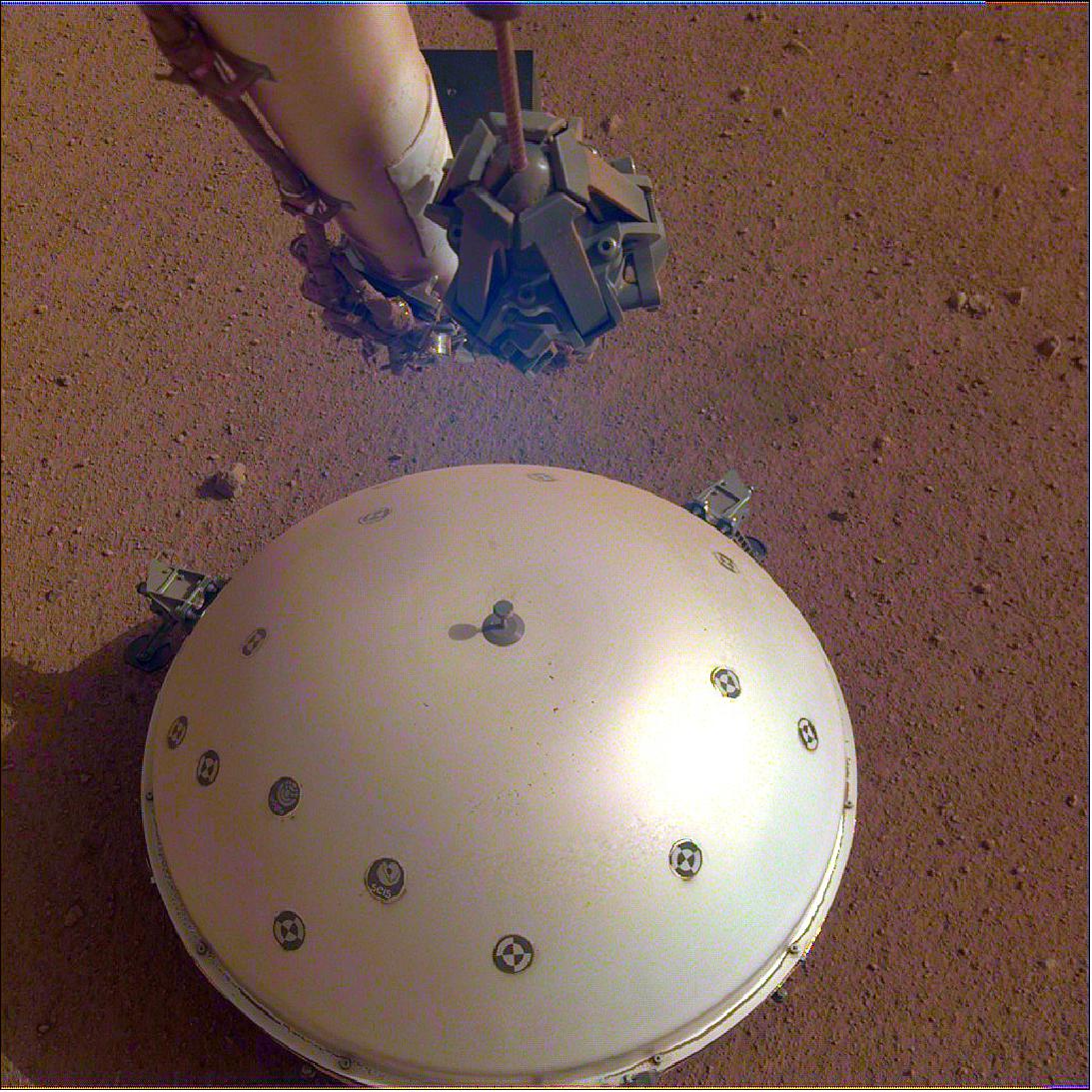 Figure 20: This image shows InSight’s domed Wind and Thermal Shield, which covers its seismometer, called Seismic Experiment for Interior Structure (SEIS), image credit: NASA/JPL-Caltech
