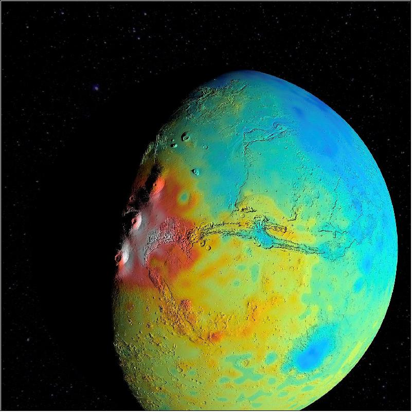 Figure 10: A new map of the thickness of Mars’ crust shows less variation between thicker regions (red) and thinner regions (blue), compared to earlier mapping. This view is centered on Valles Marineris, with the Tharsis Montes near the terminator to its west. The map is based on modeling of the Red Planet’s gravity field by scientists at NASA/GSFC in Greenbelt, Maryland. The team found that globally Mars’ crust is less dense, on average, than previously thought, which implies smaller variations in crustal thickness (image credit: NASA/Goddard/UMBC/MIT/E. Mazarico)