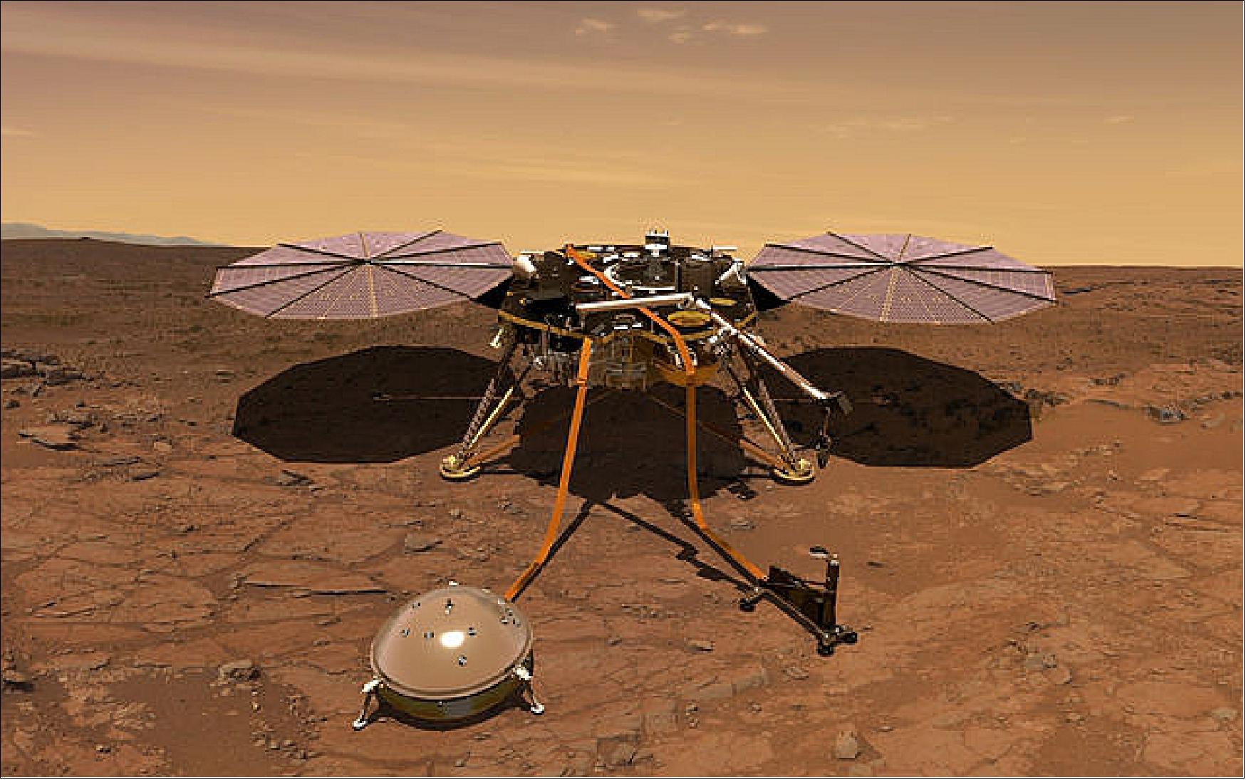 Figure 2: An artist's rendition of the InSight lander operating on the surface of Mars (image credit: NASA/JPL-Caltech)
