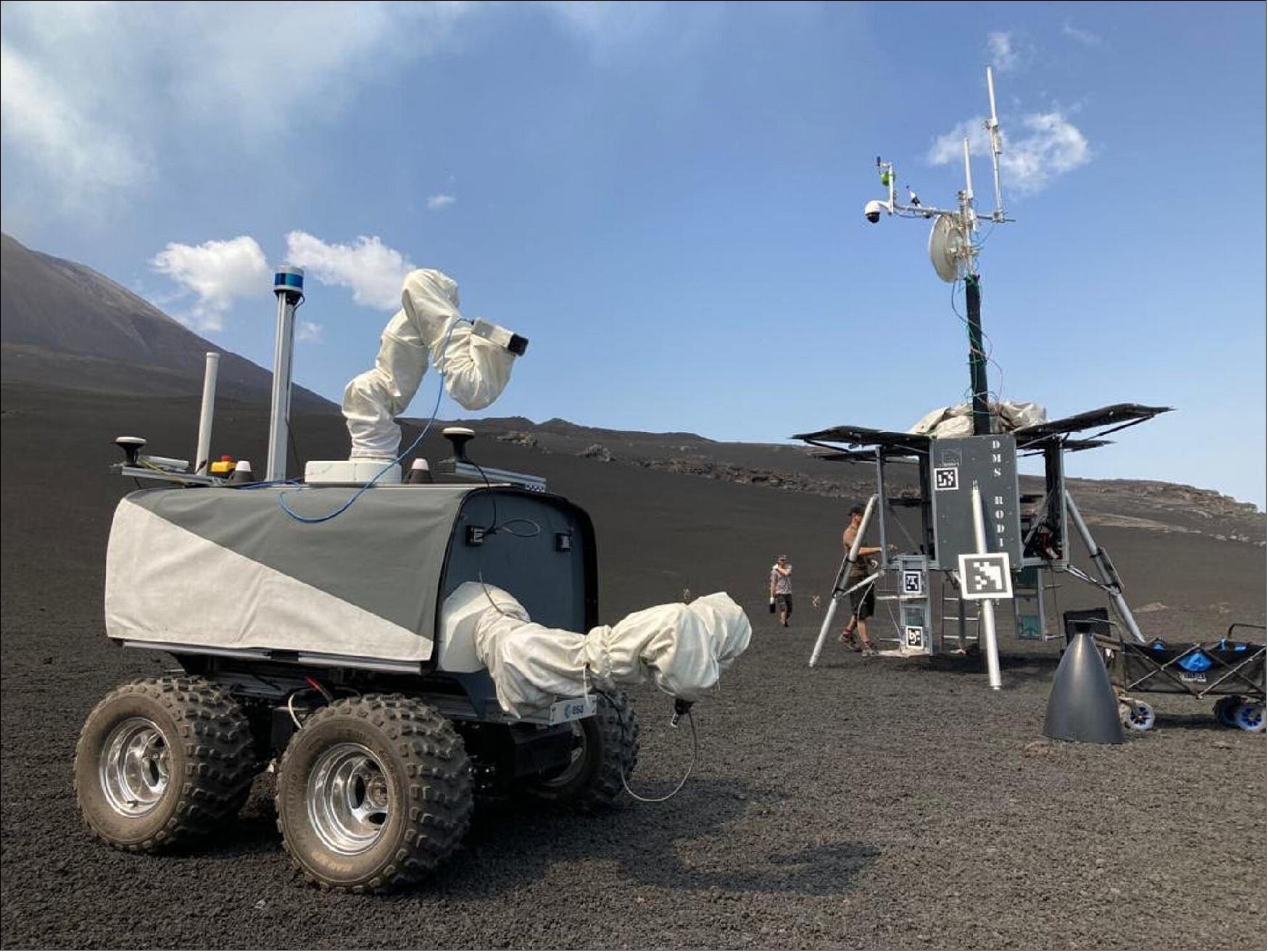 Figure 2: During the Analog-1 test campaign on Mount Etna, the Interact rover chose rock samples and brought them to DLR's RODIN lunar lander. This activity was overseen from 23 km away by ESA astronaut Thomas Reiter (image credit: ESA)