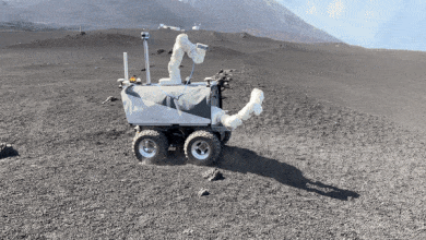 Figure 4: ESA’s four-wheeled, two-armed Interact rover was built by the Human-Robot Interaction Lab and modified for the dusty slopes of the volcano (image credit: ESA)