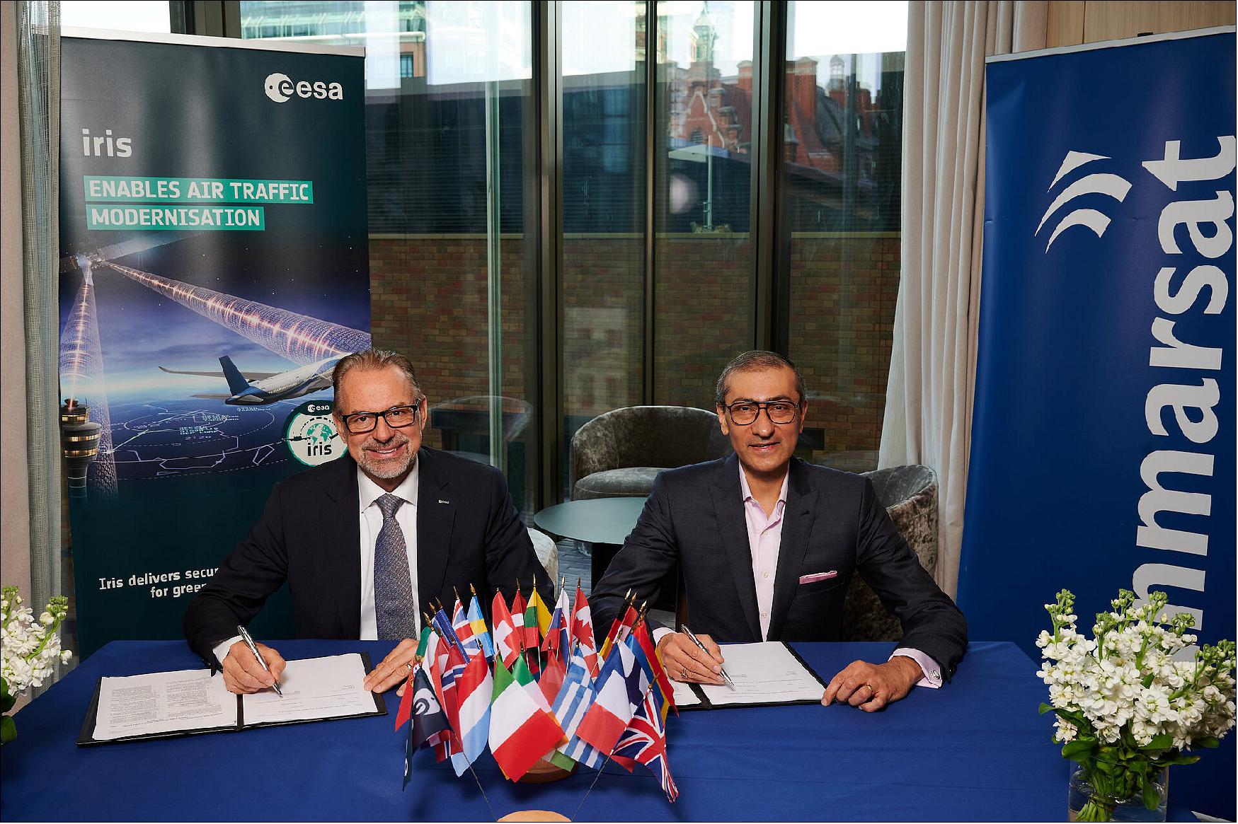 Figure 3: Josef Aschbacher (left), ESA Director General, and Rajeev Suri, chief executive of Inmarsat, sign the Iris Global agreement (image credit: Inmarsat)