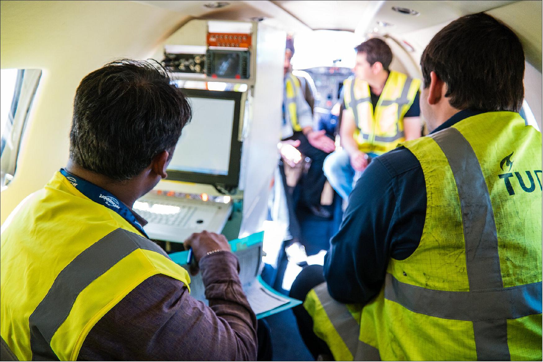 Figure 2: Iris flight trial. Engineers are shown testing Iris equipment to exchange messages in real-time with a flight control facility from a Cessna plane, which took off from Amsterdam Schiphol airport and flew over the Netherlands and the North Sea for three hours to test the system’s connection. Iris will provide a safe and secure text-based data link between pilots and air traffic control (ATC) networks using satellite technology. - The programme is developed under a public-private partnership between ESA and Inmarsat, and will help relieve pressure on the aviation sector's congested radio frequency communication channels. - It will so as part of the European Commission’s Single European Sky ATM Research (SESAR) masterplan to modernise Europe's air traffic management (image credit: ESA)