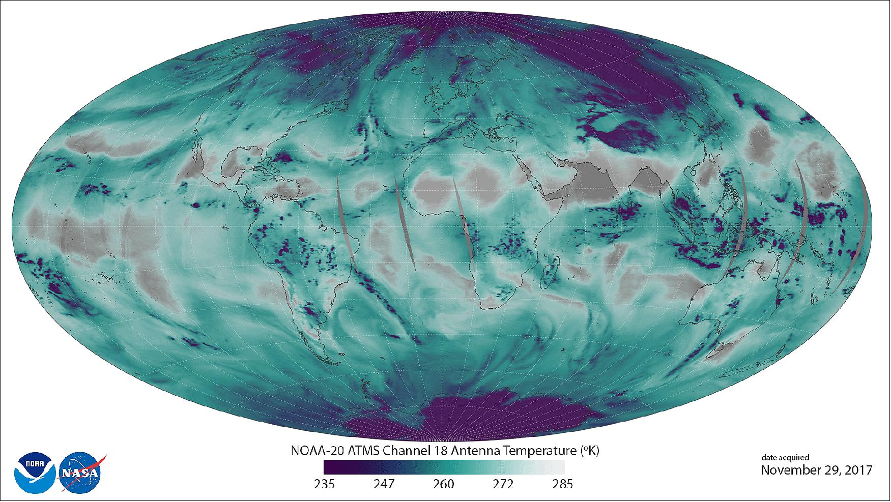 Figure 50: This image uses ATMS data to depict the location and abundance of water vapor (as associated with antenna temperatures) in the lower atmosphere, from the surface of the Earth to 5 kilometers altitude. Transparent/grey colors depict areas with less water vapor, while blue-green and purple colors represent abundant water in all phases (vapor, clouds, and precipitation) in low and middle latitudes. In the polar regions, purple depicts surface snow and ice. Water vapor distribution in space and time is a critical measurement for improving global weather forecasts. With detailed vertical information, forecasters can better identify the transport of water vapor associated with jet streams, which can fuel severe weather events (image credit: NOAA, NASA)