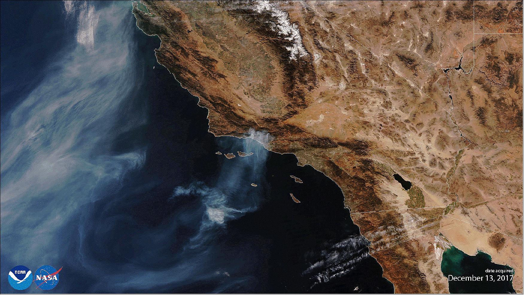 Figure 49: The NOAA-20 VIIRS first light image captures one of the largest wildfires in California history (image credit: NOAA Visualization Lab and NESDIS/STAR)