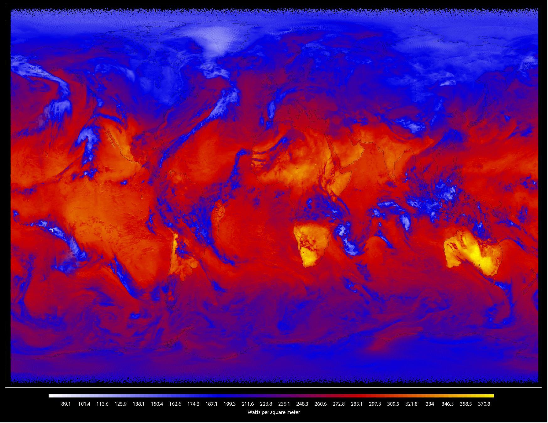 Figure 48: In this longwave image from CERES FM6, heat energy radiated from Earth is represented by shades of yellow, red, blue and white. Bright yellow regions are the hottest and emit the most energy out to space. Dark blue and bright white regions, which represent clouds, are much colder and emit the least energy (image credit: NASA)